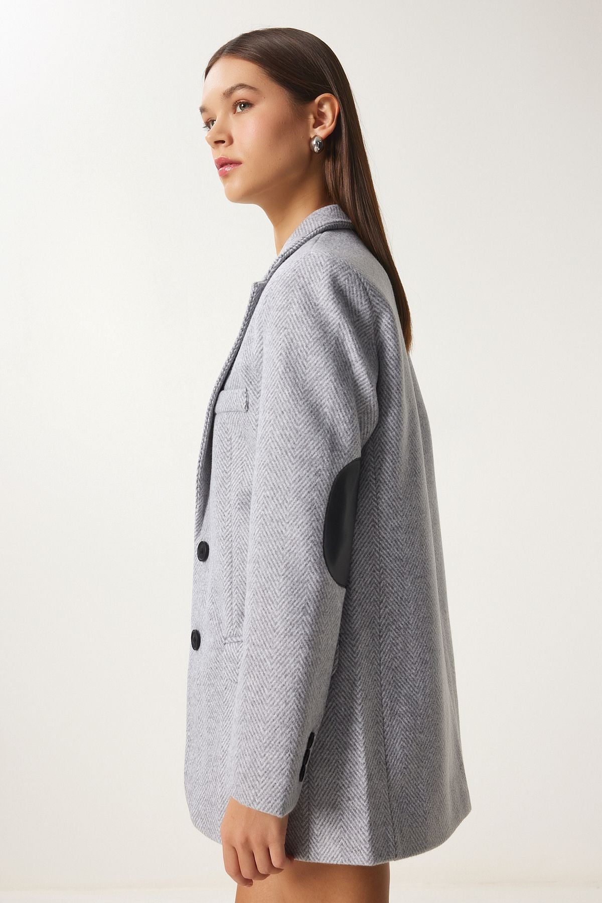 Women's gray leather detailed winter blazer jacket FN03405