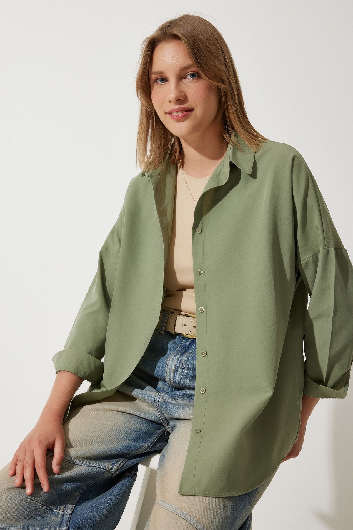 Woman Khaki Oversize Long Basic Shirt DD00842