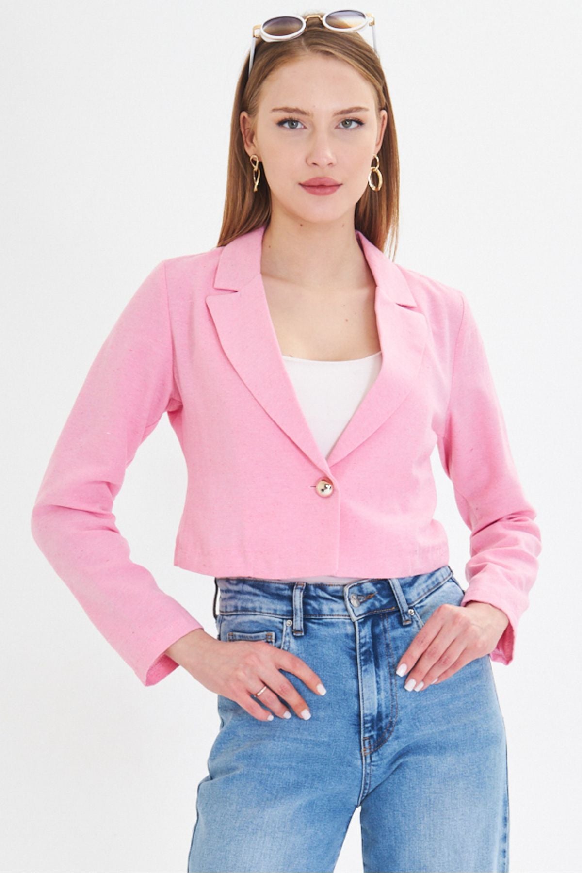 Woman Pink Single button Crop Jacket ARM-23Y001064
