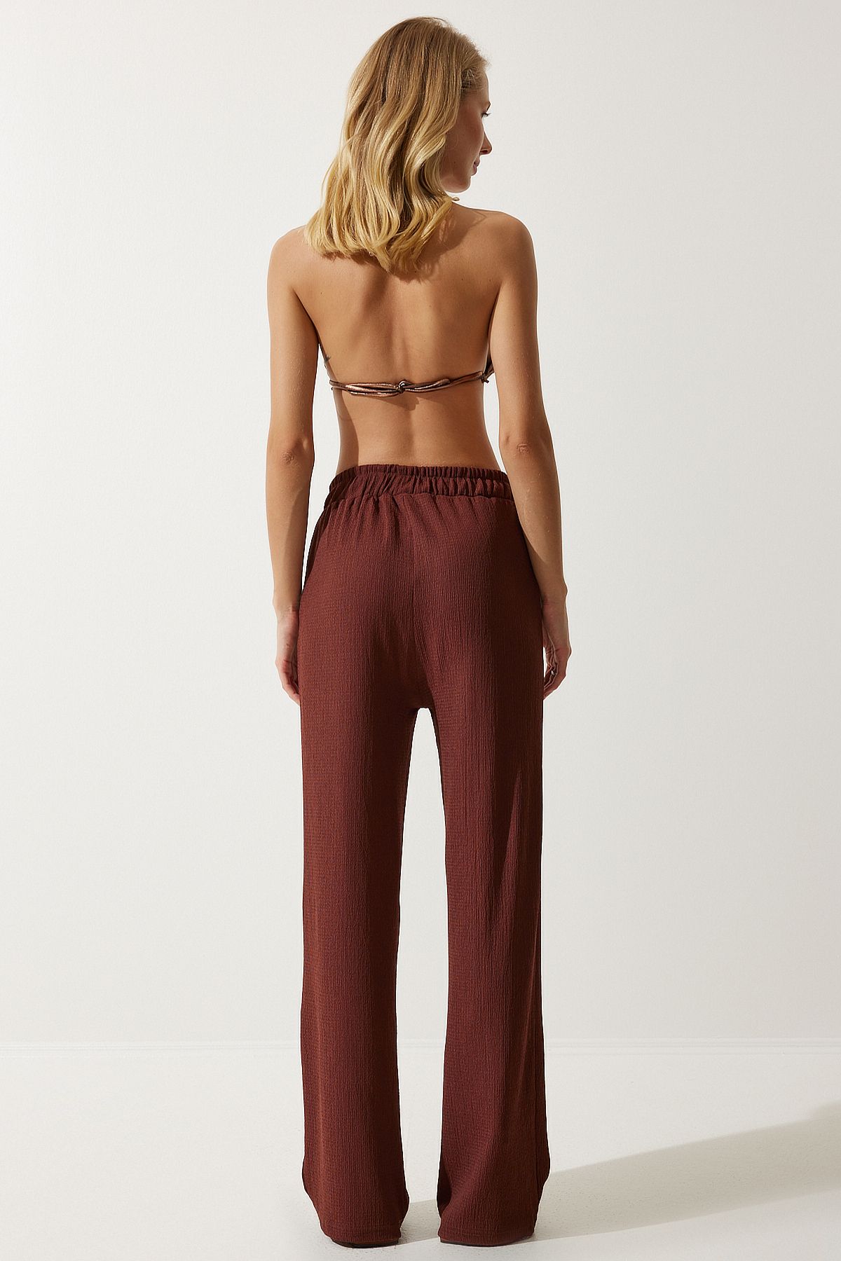 Female brown comfortable knitted shirt pants set KH00090