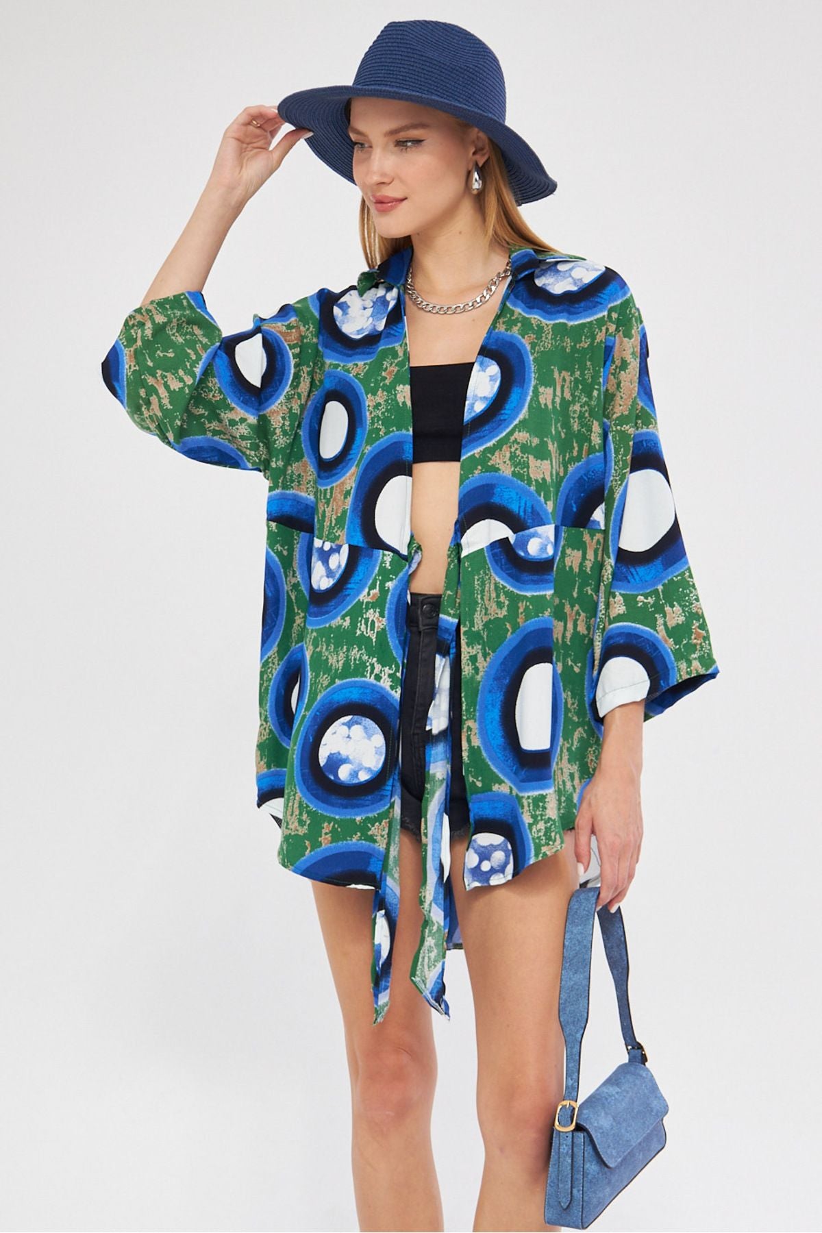 Woman Dark Green Patterned front-binding kimono shirt ARM-24Y001080