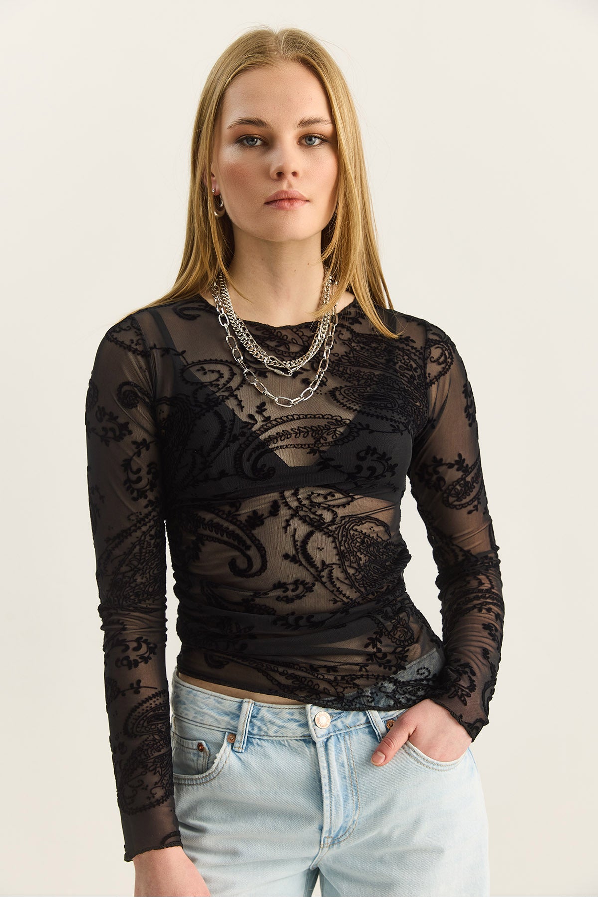 Women's Crew Neck Gathered Sides Shawl Patterned Transparent Tulle Blouse 6114 60283925