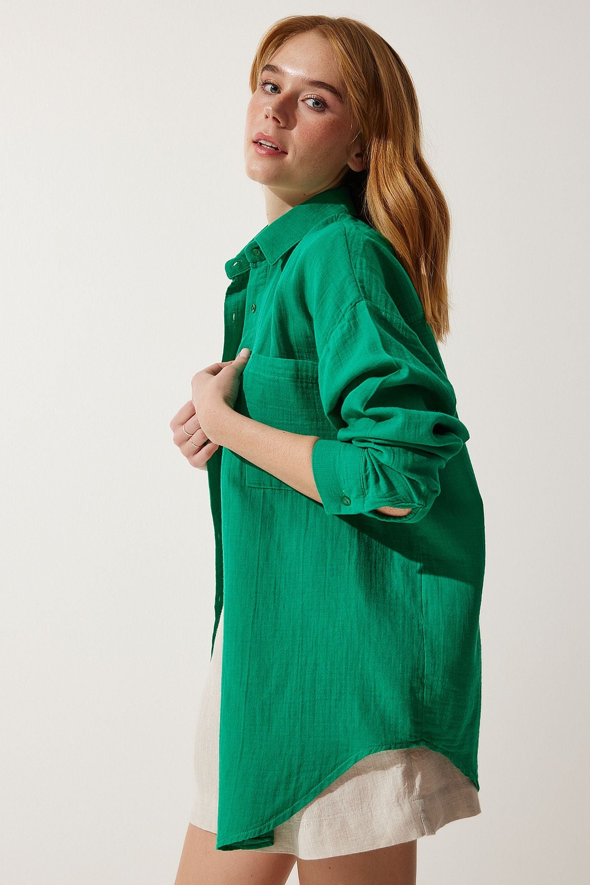 Female Green Pocket Oversize Müslin Shirt MX00150