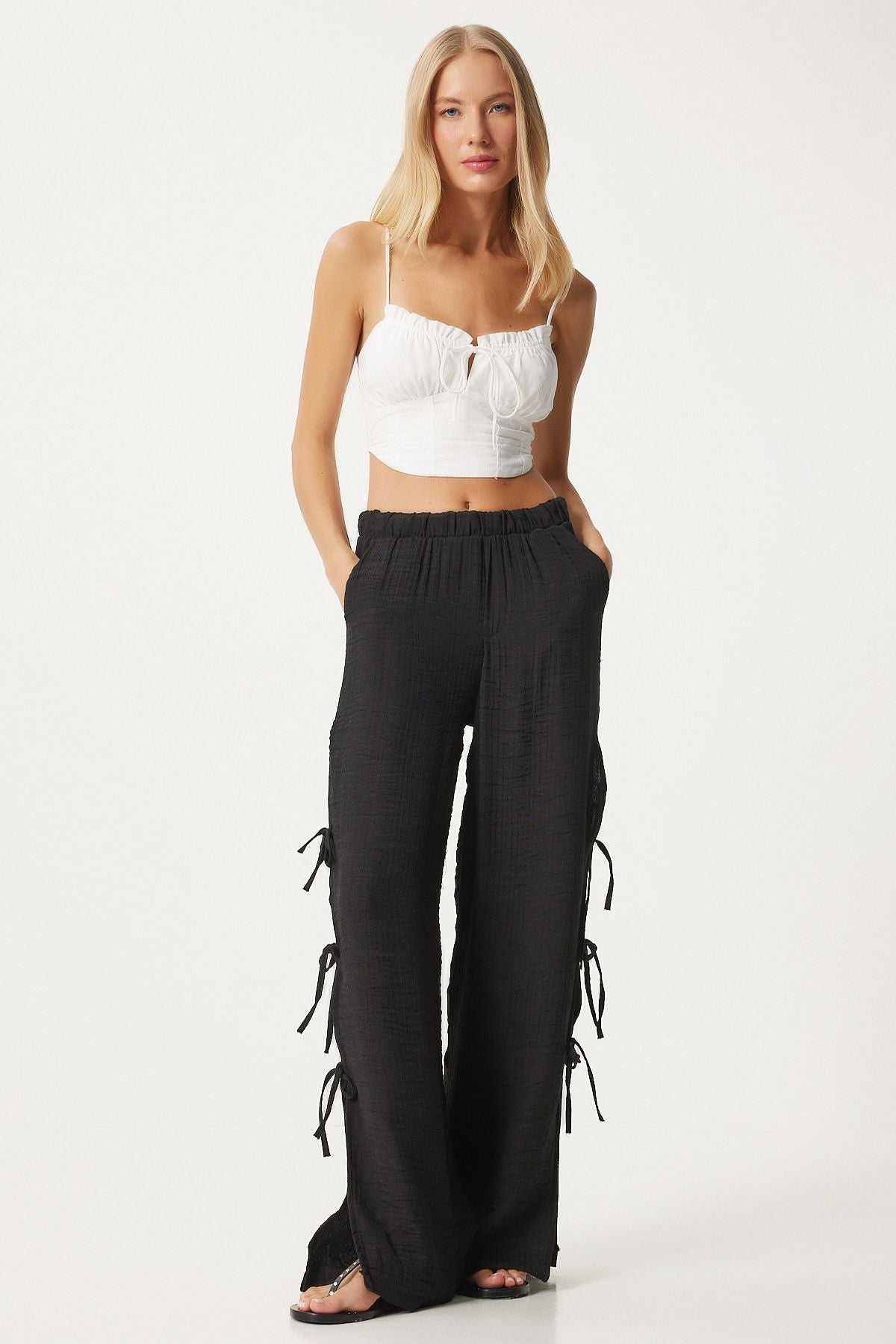 Female Black Bow Slit Flax Pants FN03298