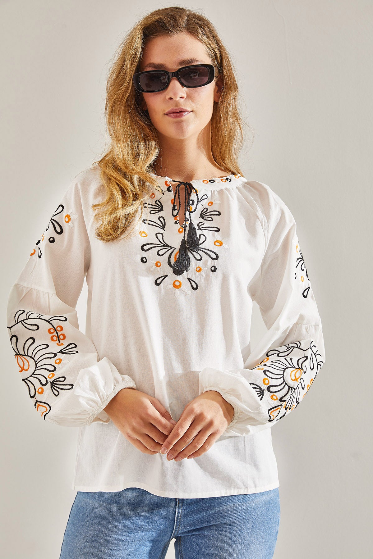 Modest Women's Embroidered Collar Tied Linen Blouse 60181044
