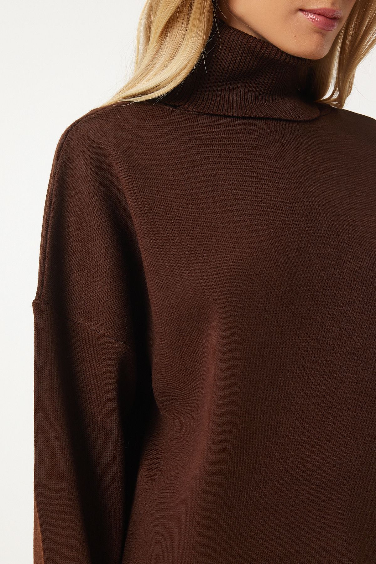 Female brown fisherman collar overlooking knitwear sweater BV00084