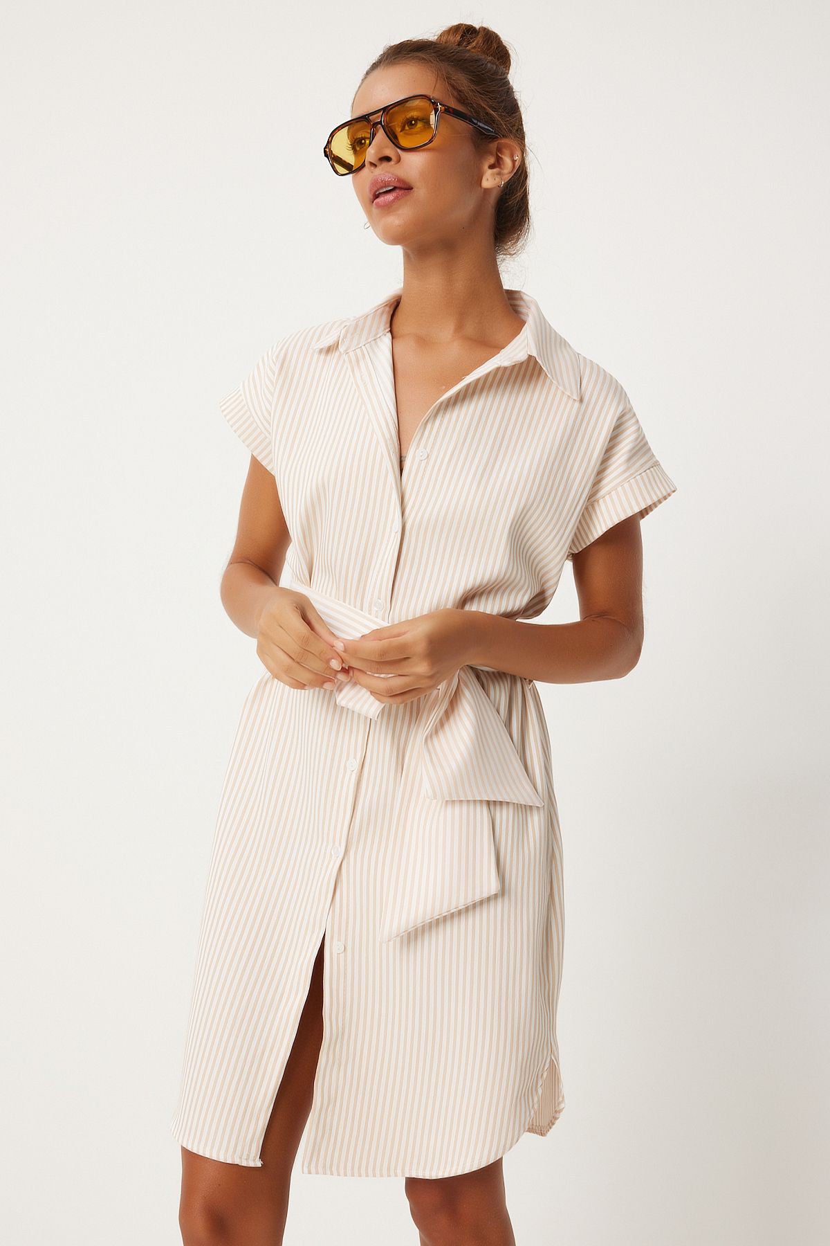 Female Beige White Belt Striped Shirt Dress FN03252