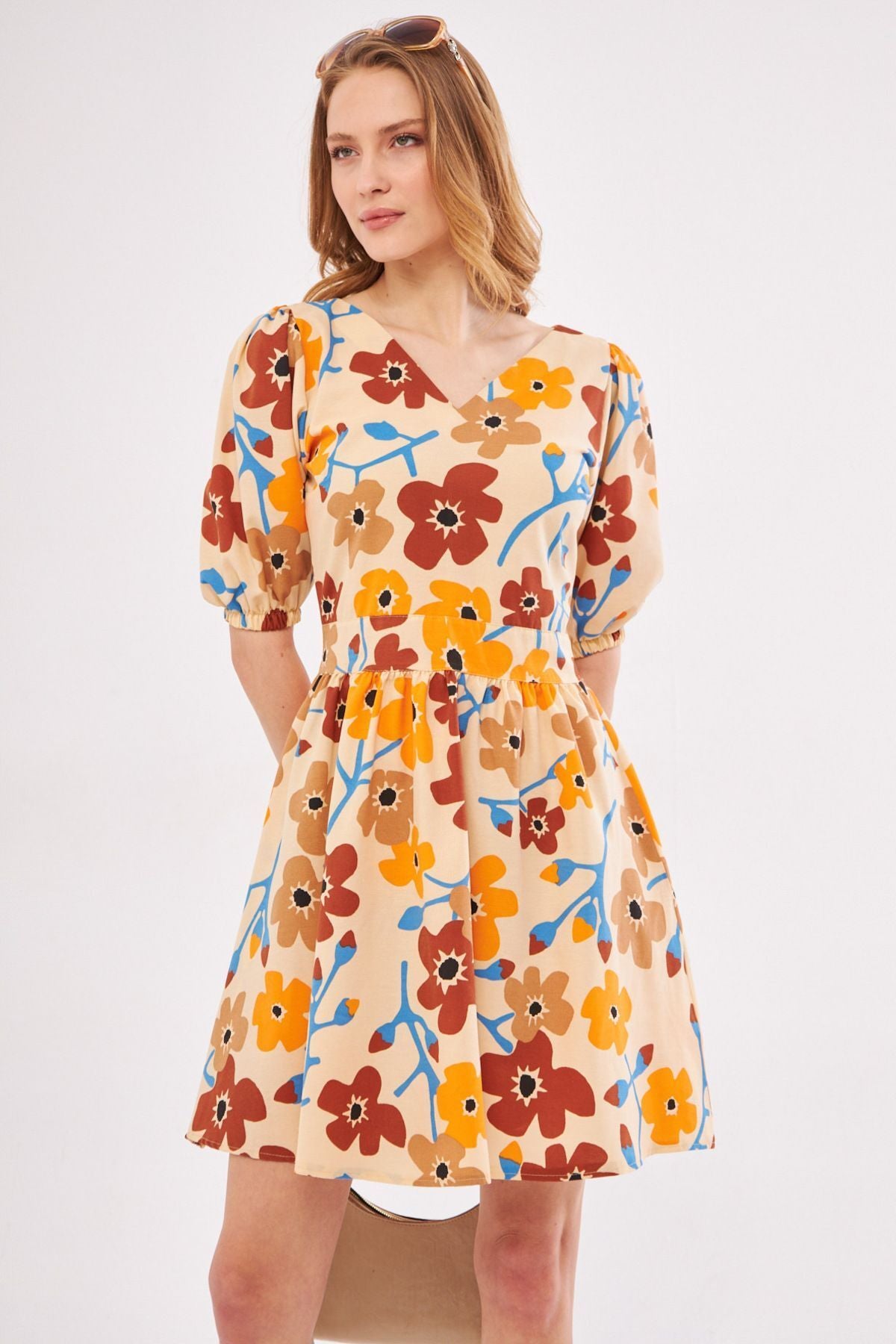 Female Beige front rear V-neck balloon sleeve belt detailed mini dress ARM-24Y001016
