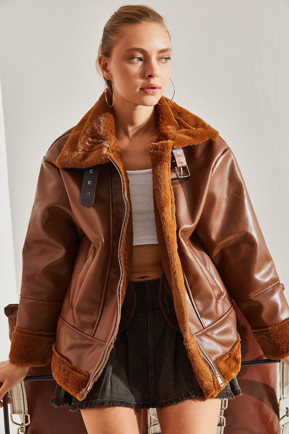 Woman Leather Plush Coat