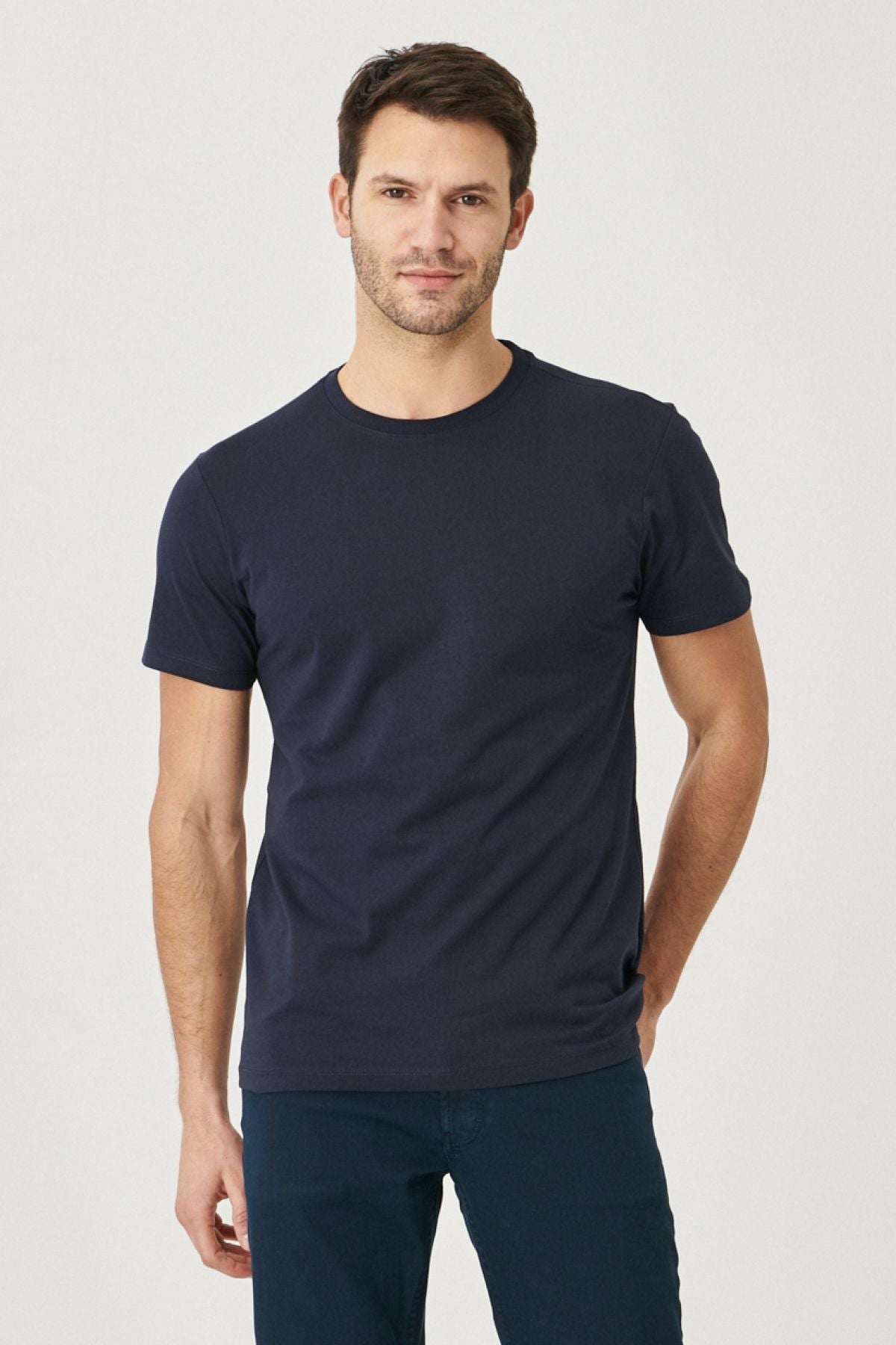 Men's Navy Blue-Lacivert 2 Pack Slim Fit Narrow Cut Cotton Basic Basic T-shirt