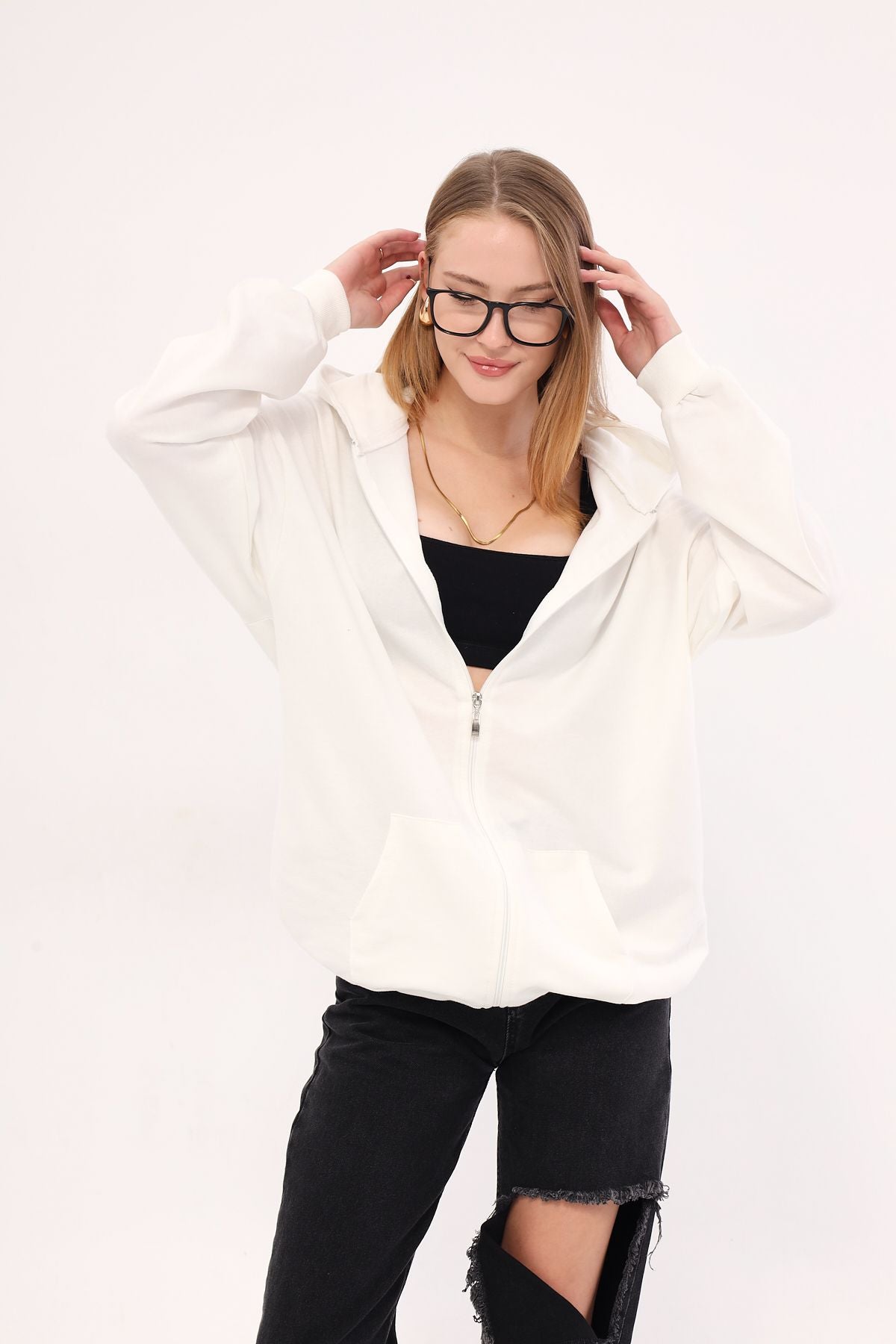 Woman White front zipper with hooded over the sweatshirt ARM-25K001024