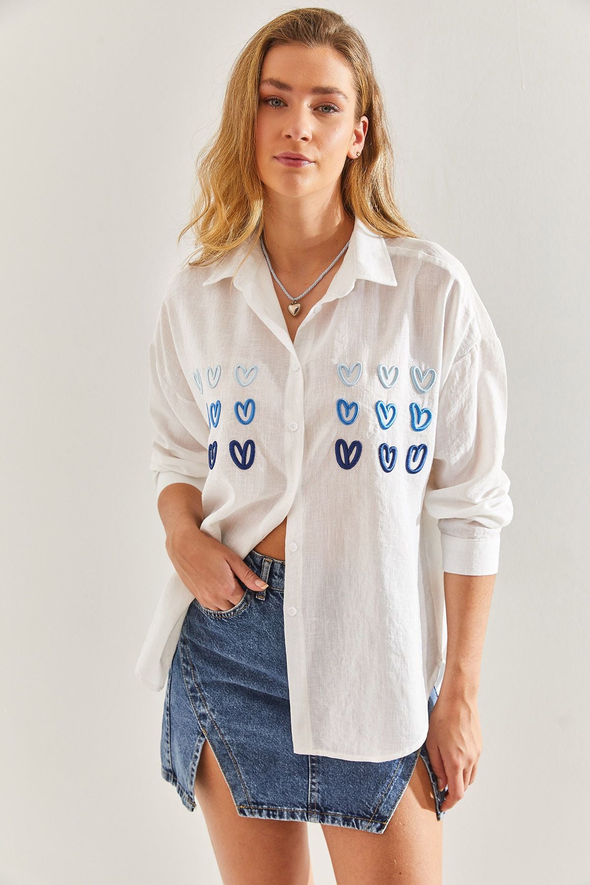 Female Heart Embroidery Cotton Linen Shirt 60171021