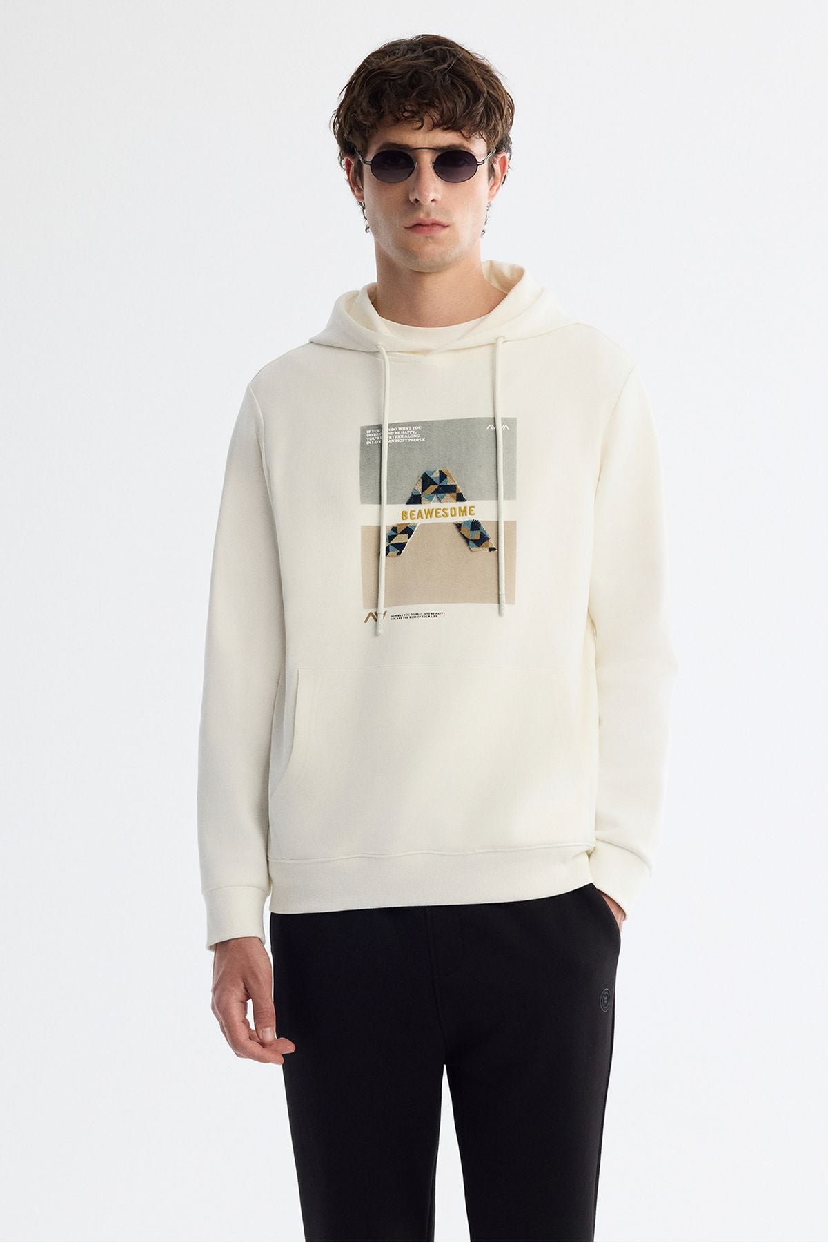Male Ecru Hooded Cotton Printed Elastan Sweatshirt A42y1321