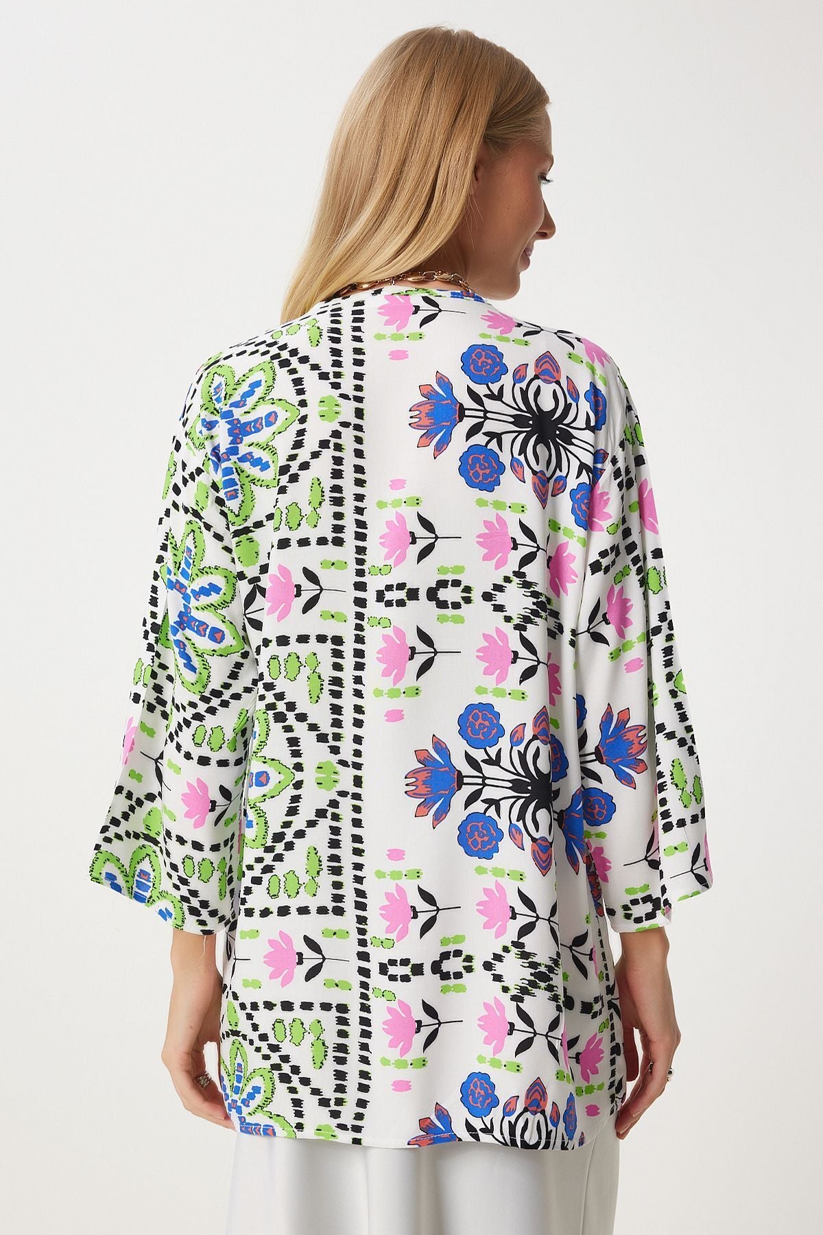 Female green blue patterned viscose kimono en00615