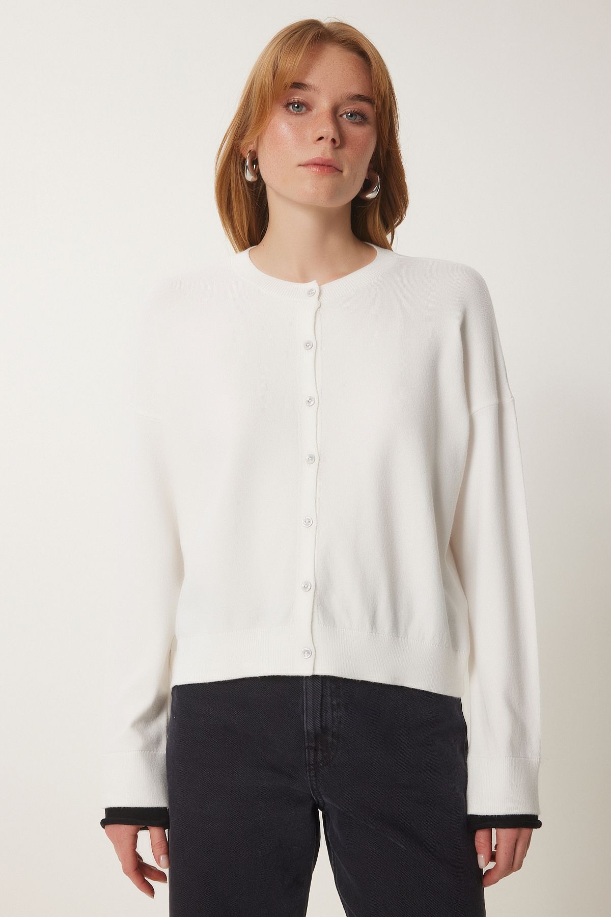 Female Bone Black Contrast Ribbon Detailed Seasonal Triko Cardigan US00953