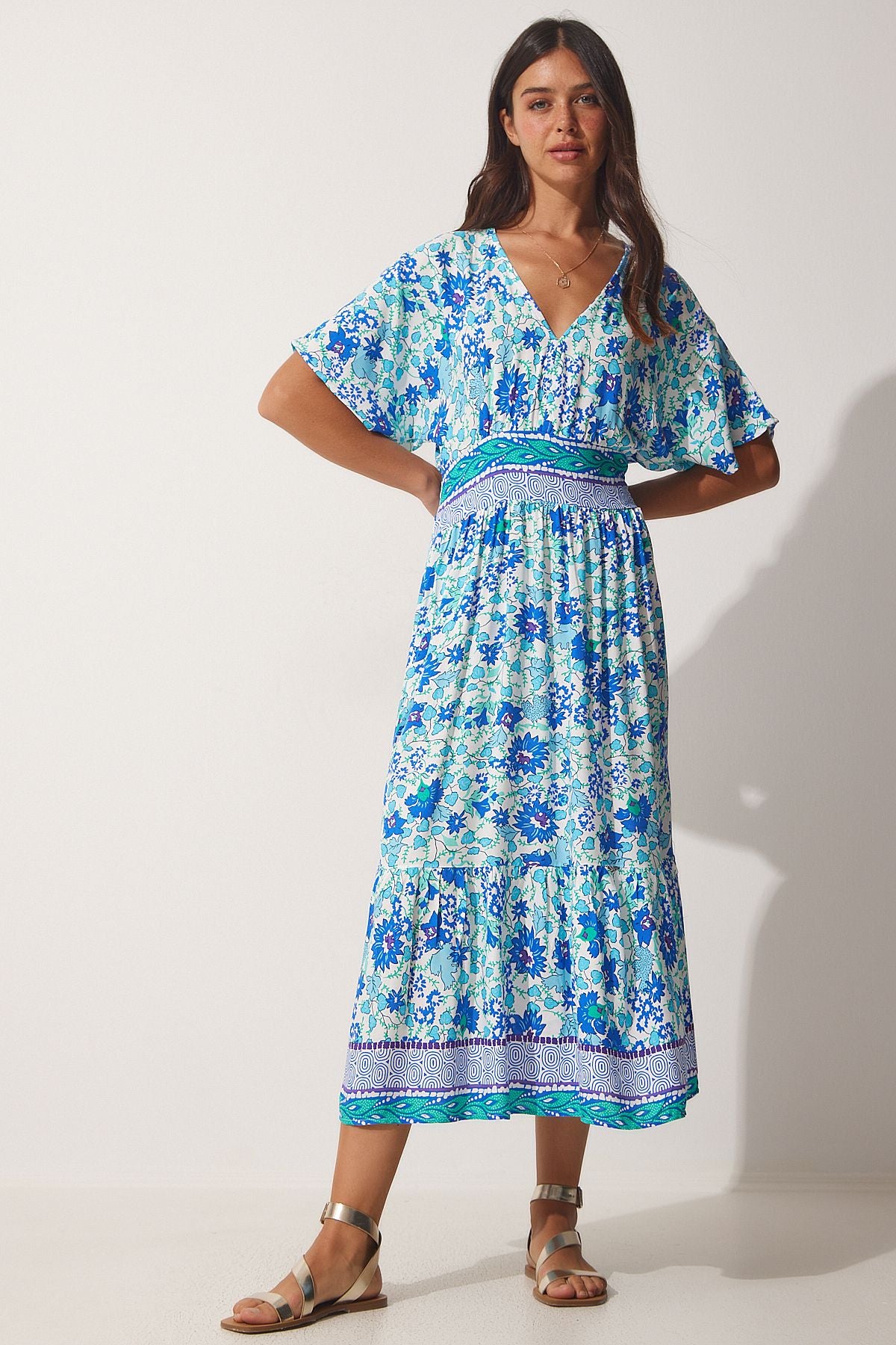Women's Blue V -Neck Floral Summer Viscose Dress HF00435