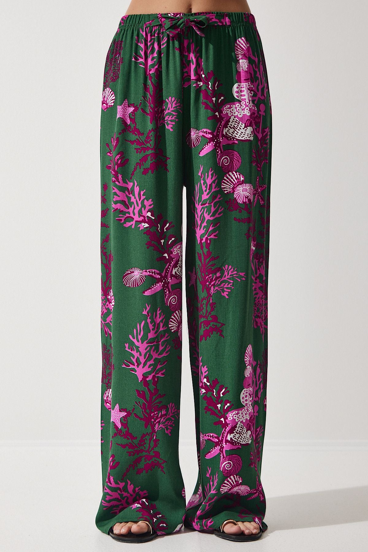 Woman Dark Green Fuchsia Patterned Viscose Palazzo Pants EN00606