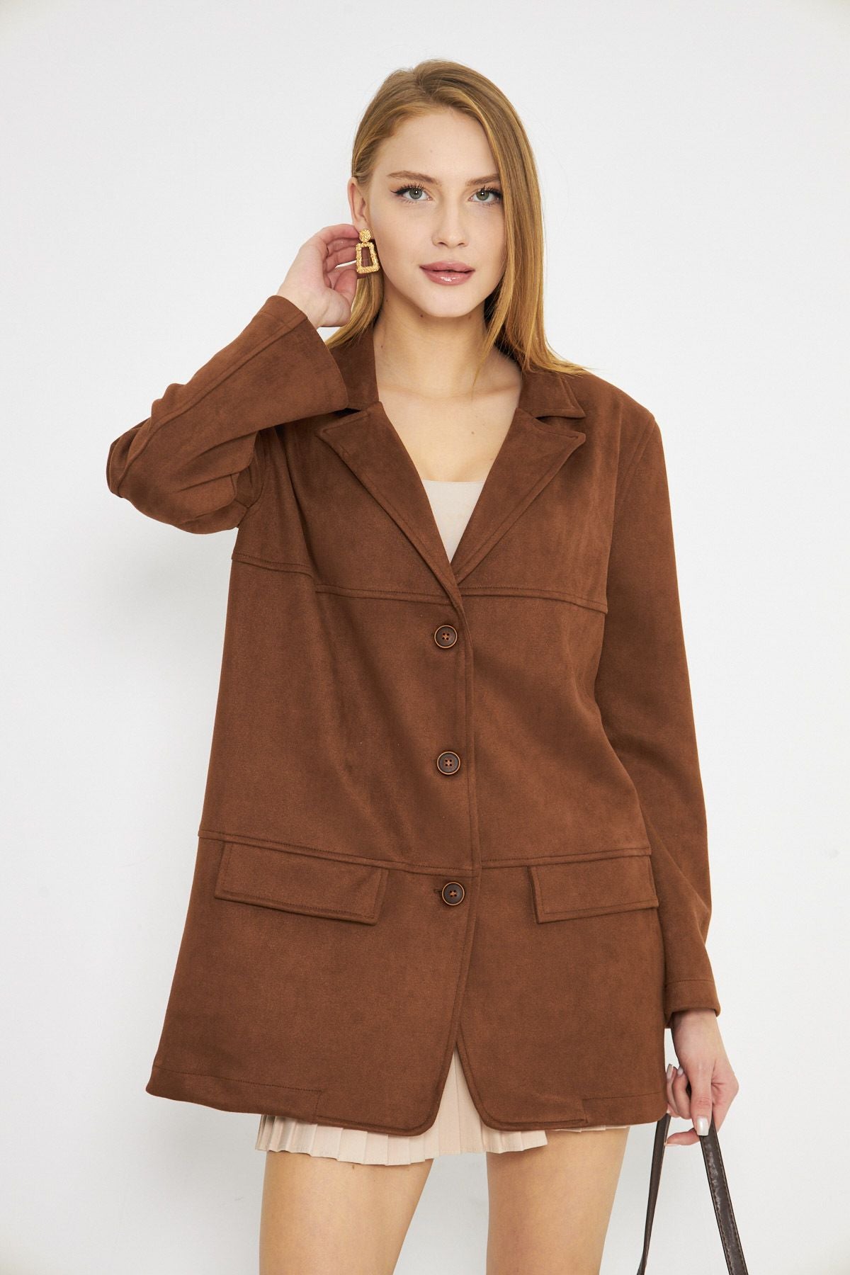 WOMEN'S Taba-collar with pocket lid buttoned Premium Suede Oversize Jacket ARM-25K001057