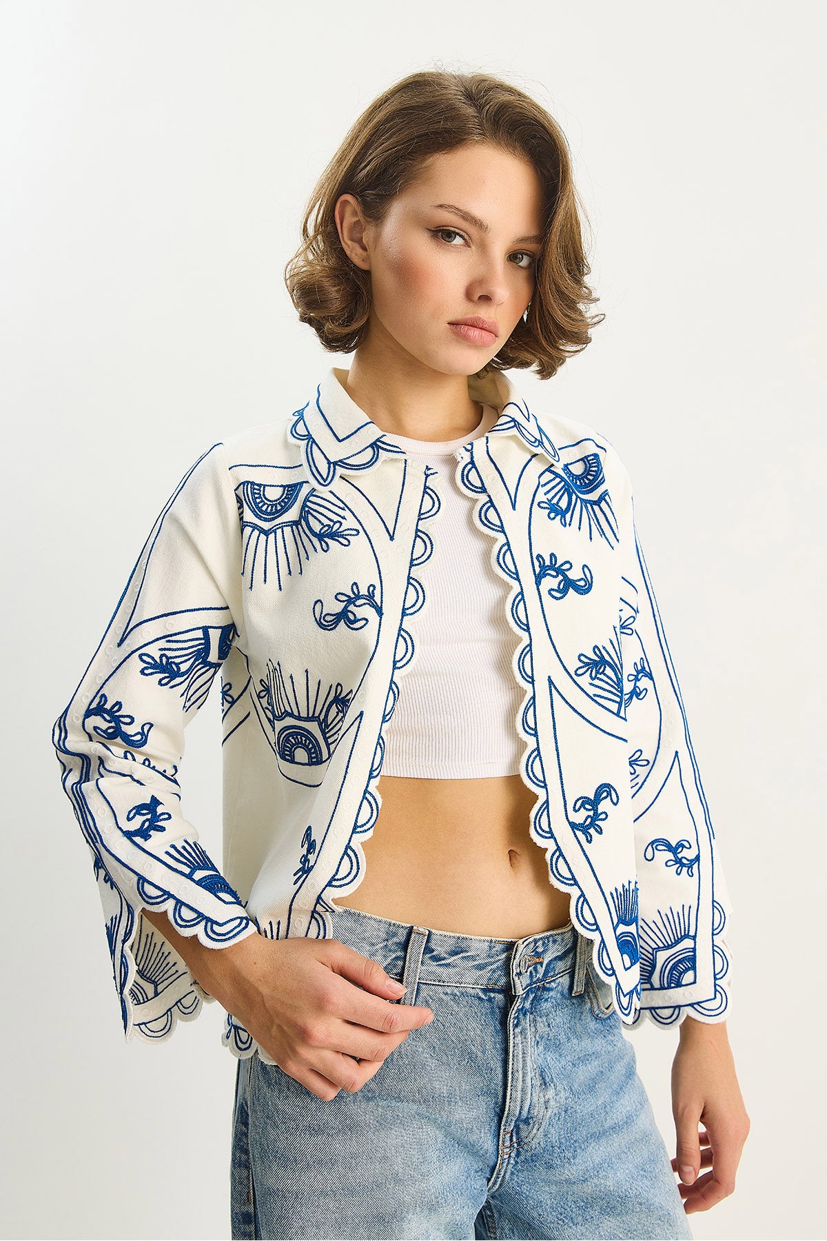 Women's Collared Embroidery Detailed 100% Cotton Jacket 2005 60283699