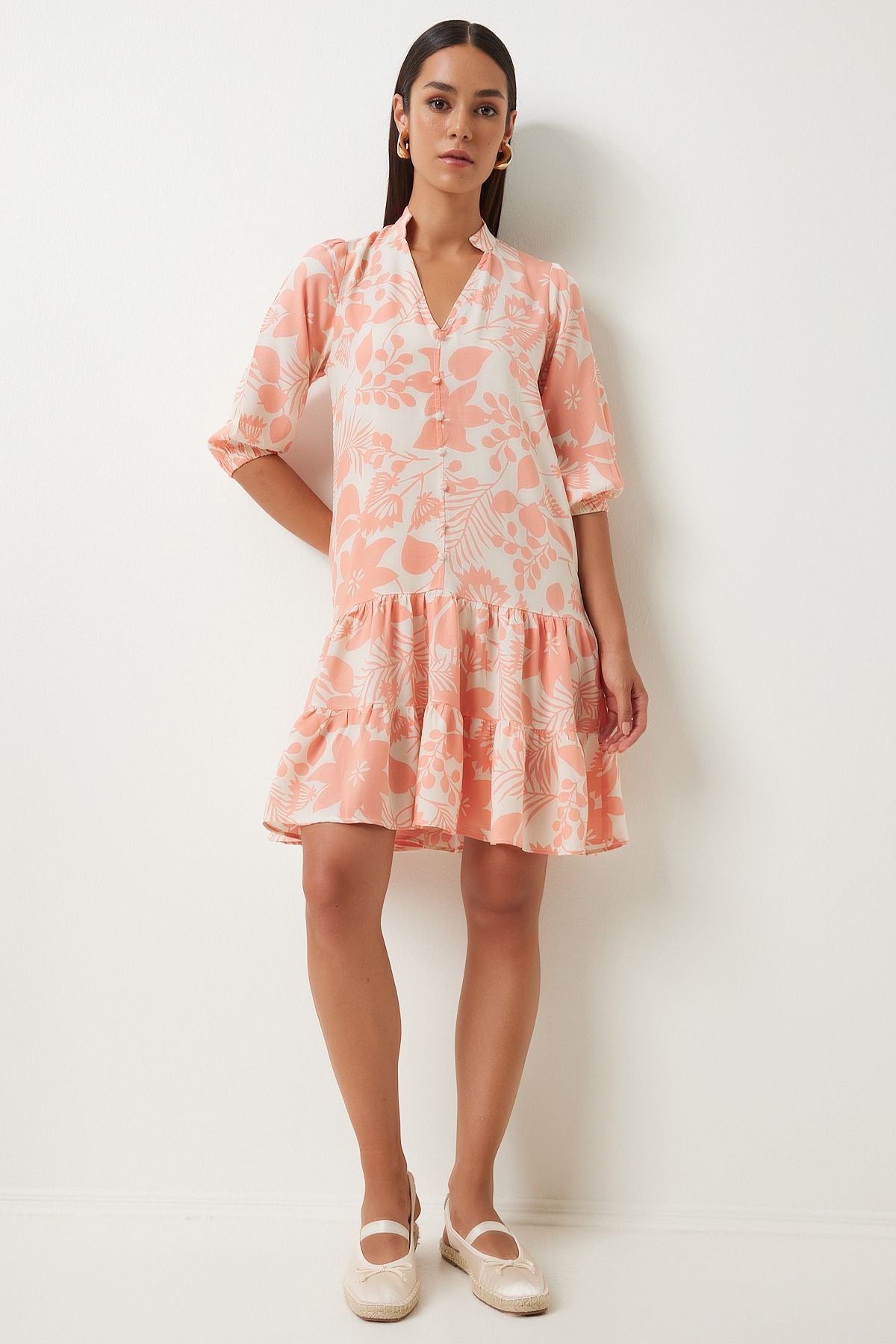Female peach patterned dominant collar viscose dress FN03229