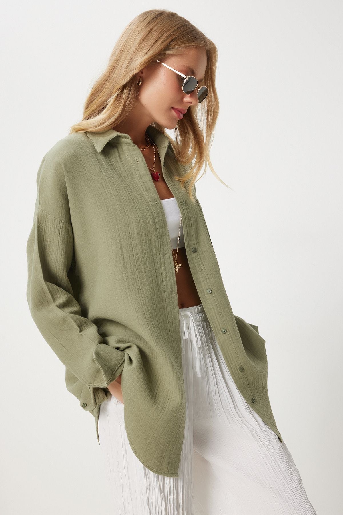 Women's Cagla Green Oversize Basic Muslin Shirt MX00150