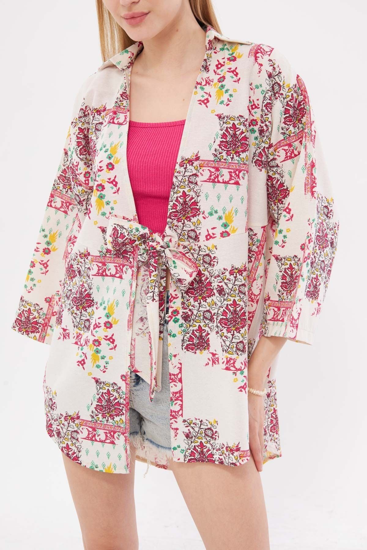 Women's open fuchsia patterned linen-looking front-binding kimono shirt ARM-24Y001079