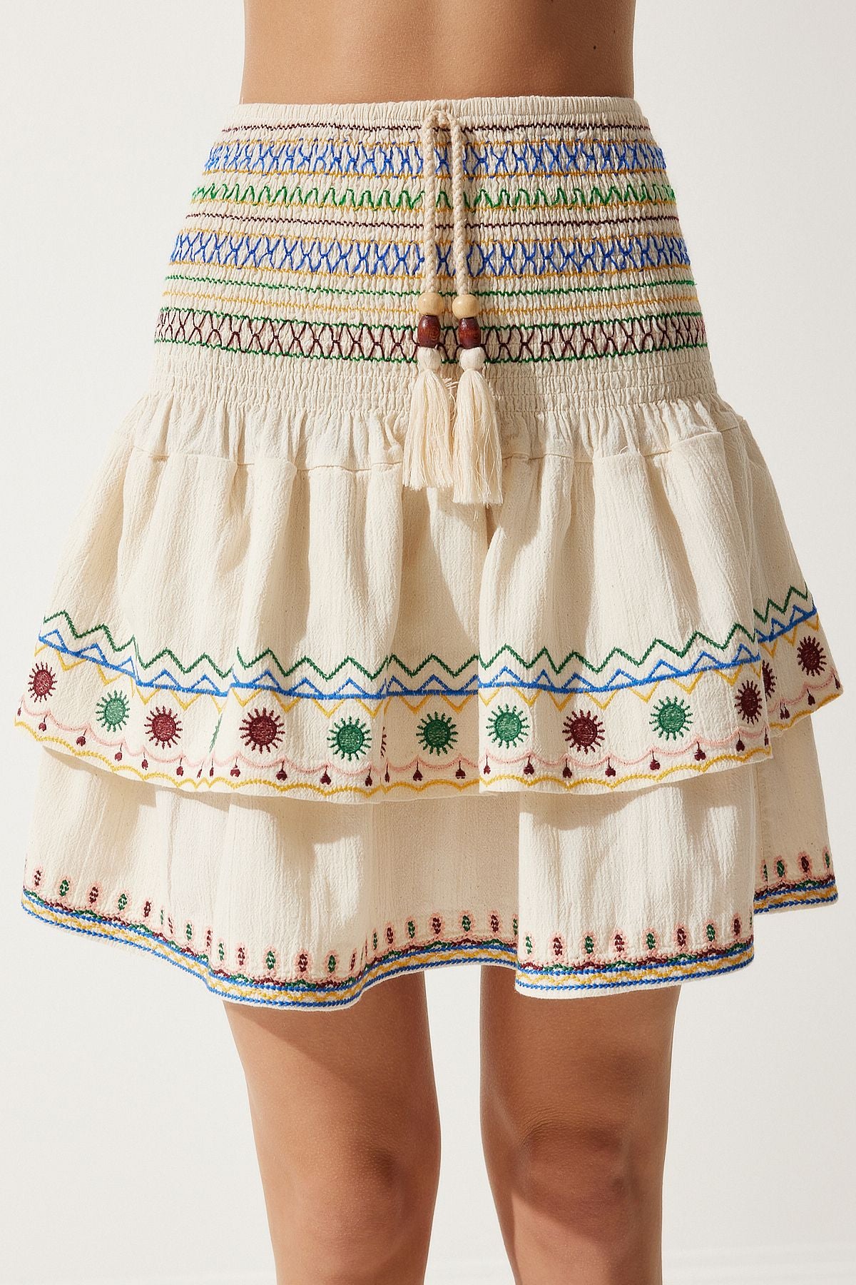 Female Beige Ethnic Patterned Raw Linen Skirt RG00014