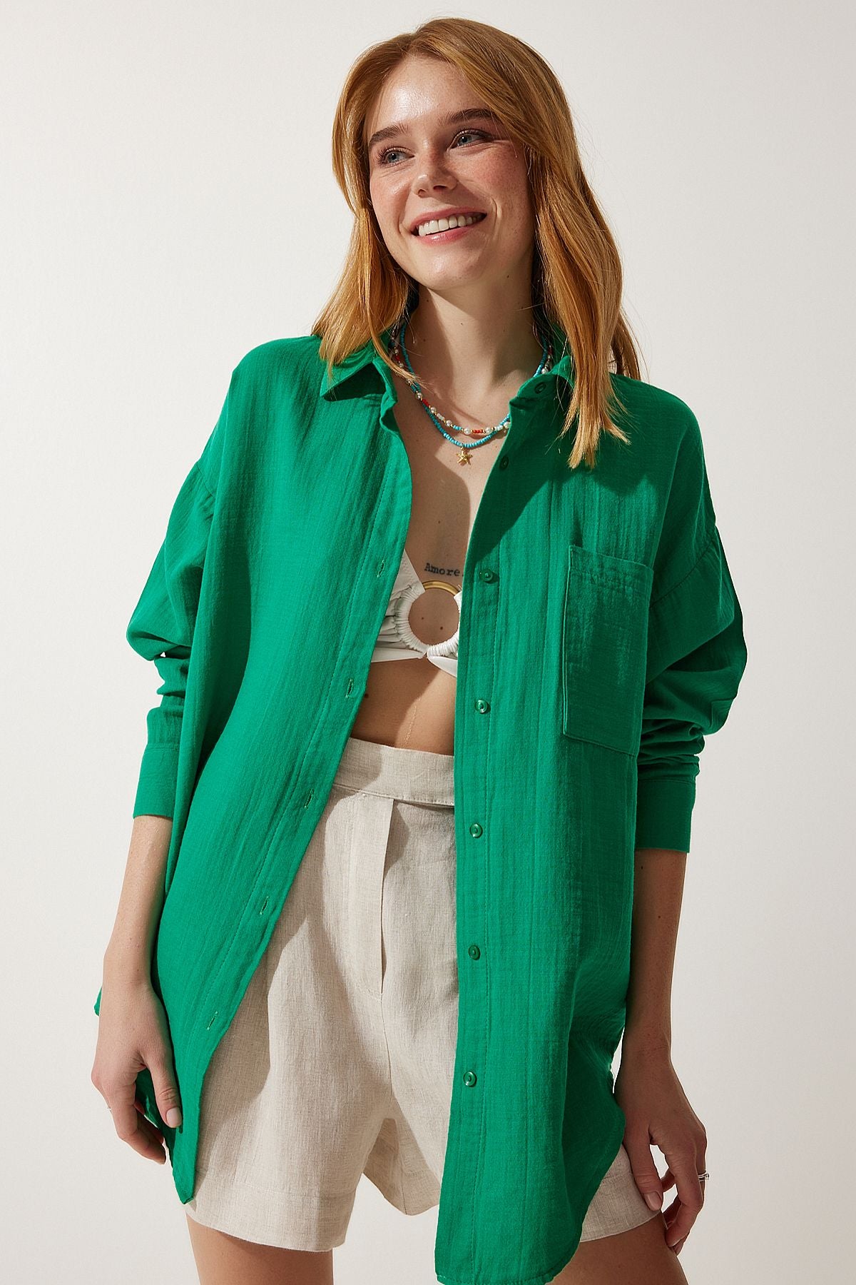 Female Green Pocket Oversize Müslin Shirt MX00150