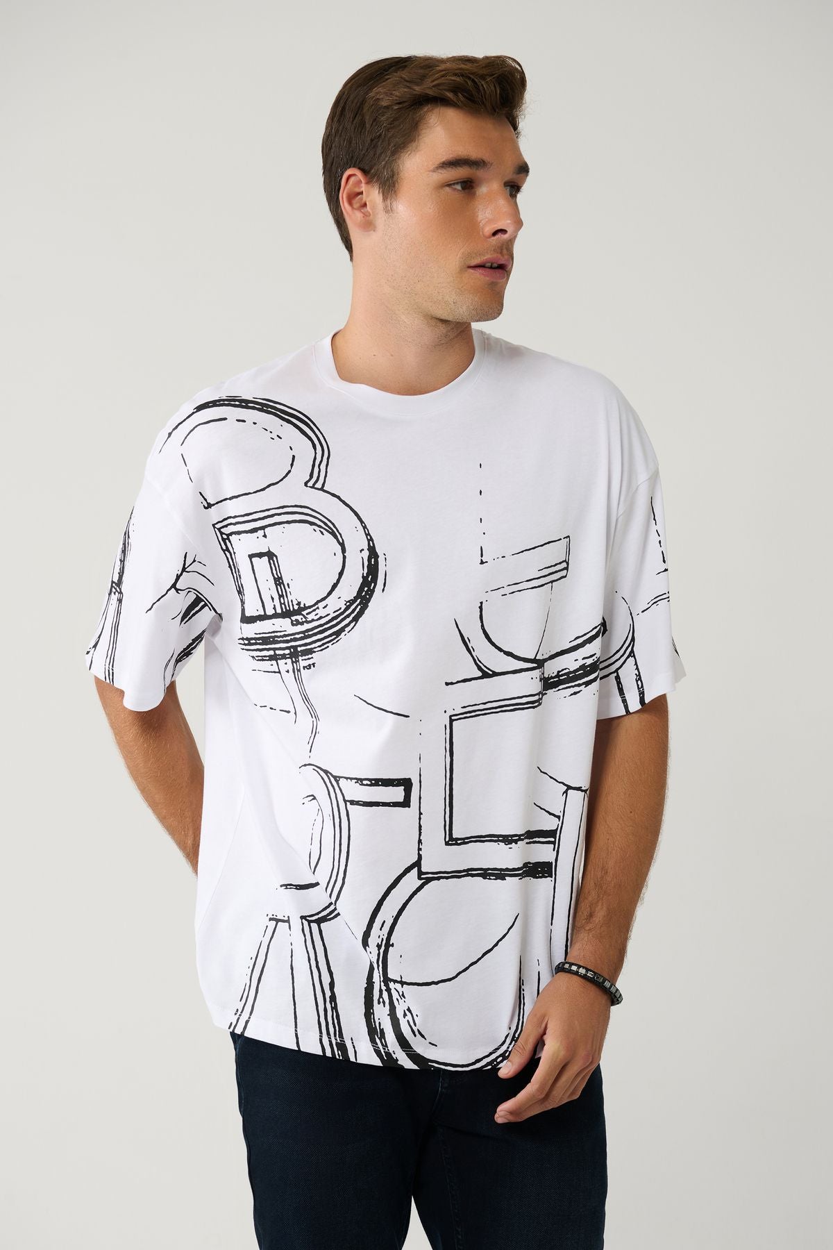 Men's White 100 %Cotton Bicycle Collar Printed Cotton T-Shirt A41y1377