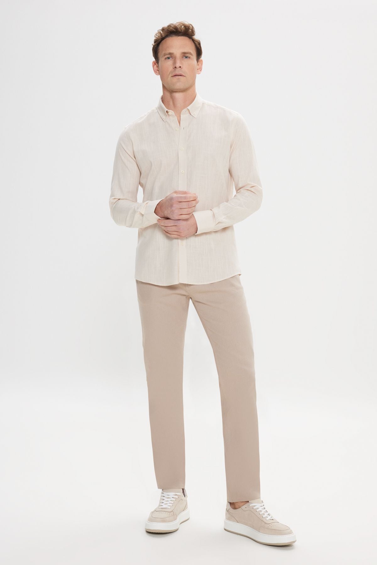 Men's Beige 100 %Cotton Breathing Fabric Flamle Oxford Slim Fit Fit Narrow Cutting Buttoned Neck Shirt
