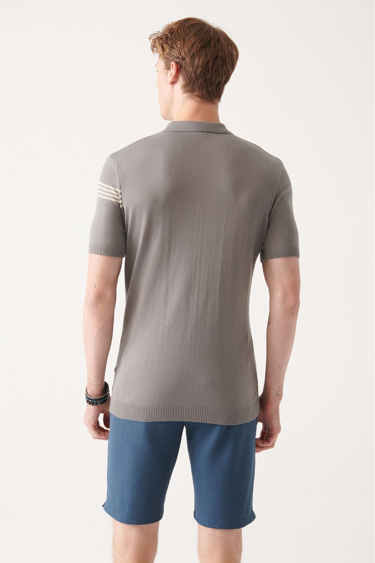 Men's Gray Zipper Line Detailed Polo Yaka Triko T-Shirt A31y5127