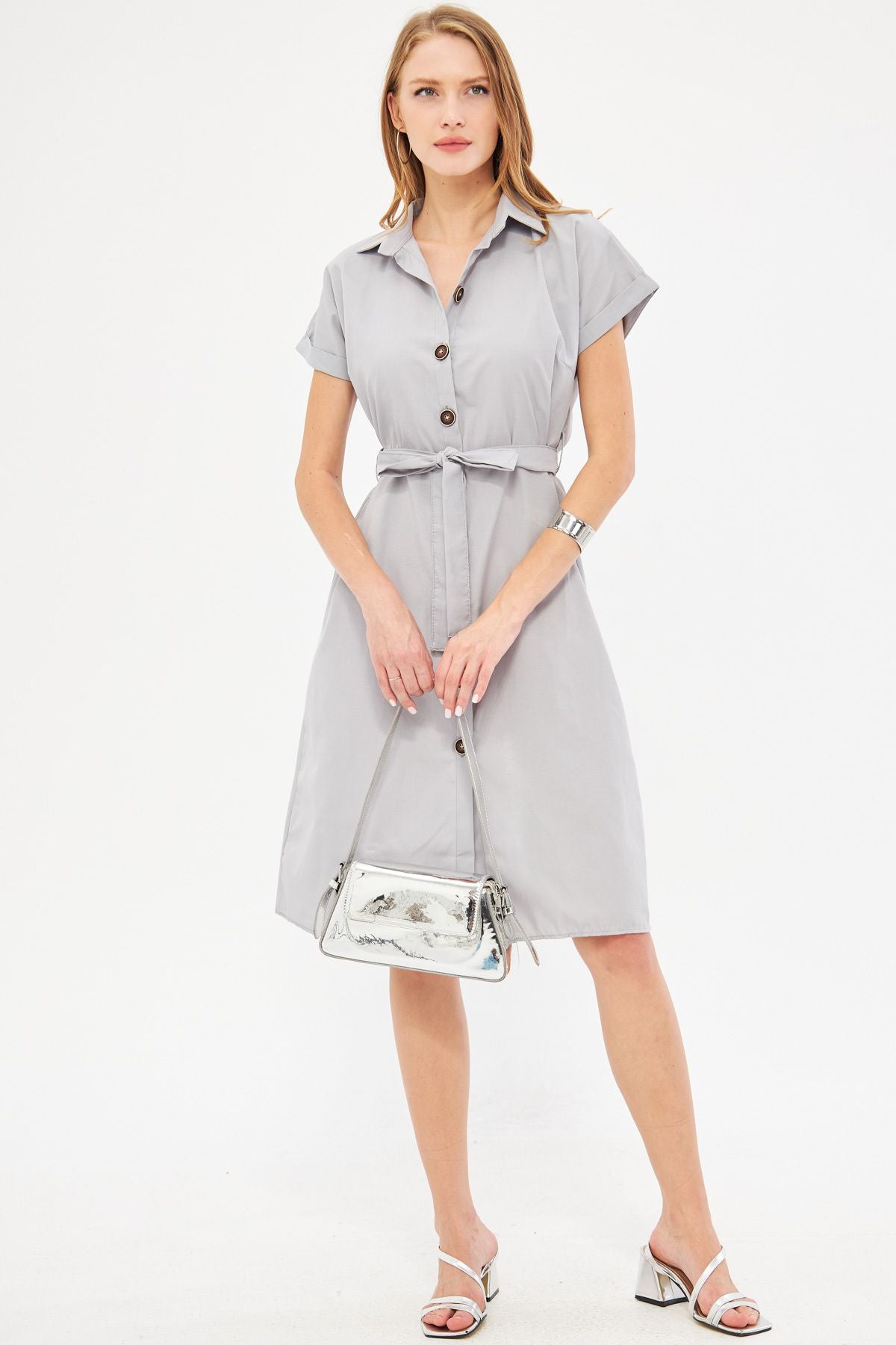 WOMEN GRAY GRAY WAST Belt Short Sleeve Shirt Dress ARM-19Y001068