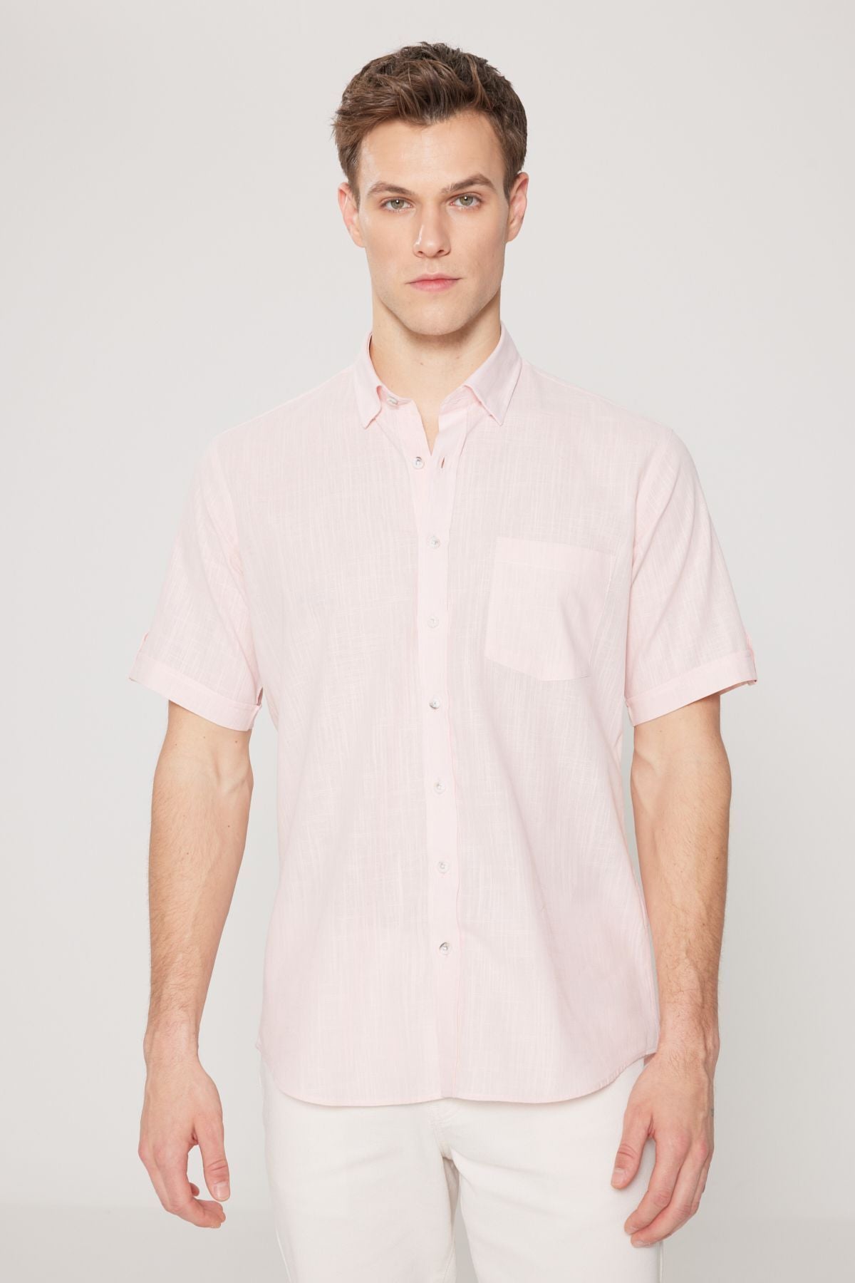 Men's Pink Comfort Fit Casual Cutting Buttoned Neck Linen Looking 100 %Cotton Short Sleeve Shirt