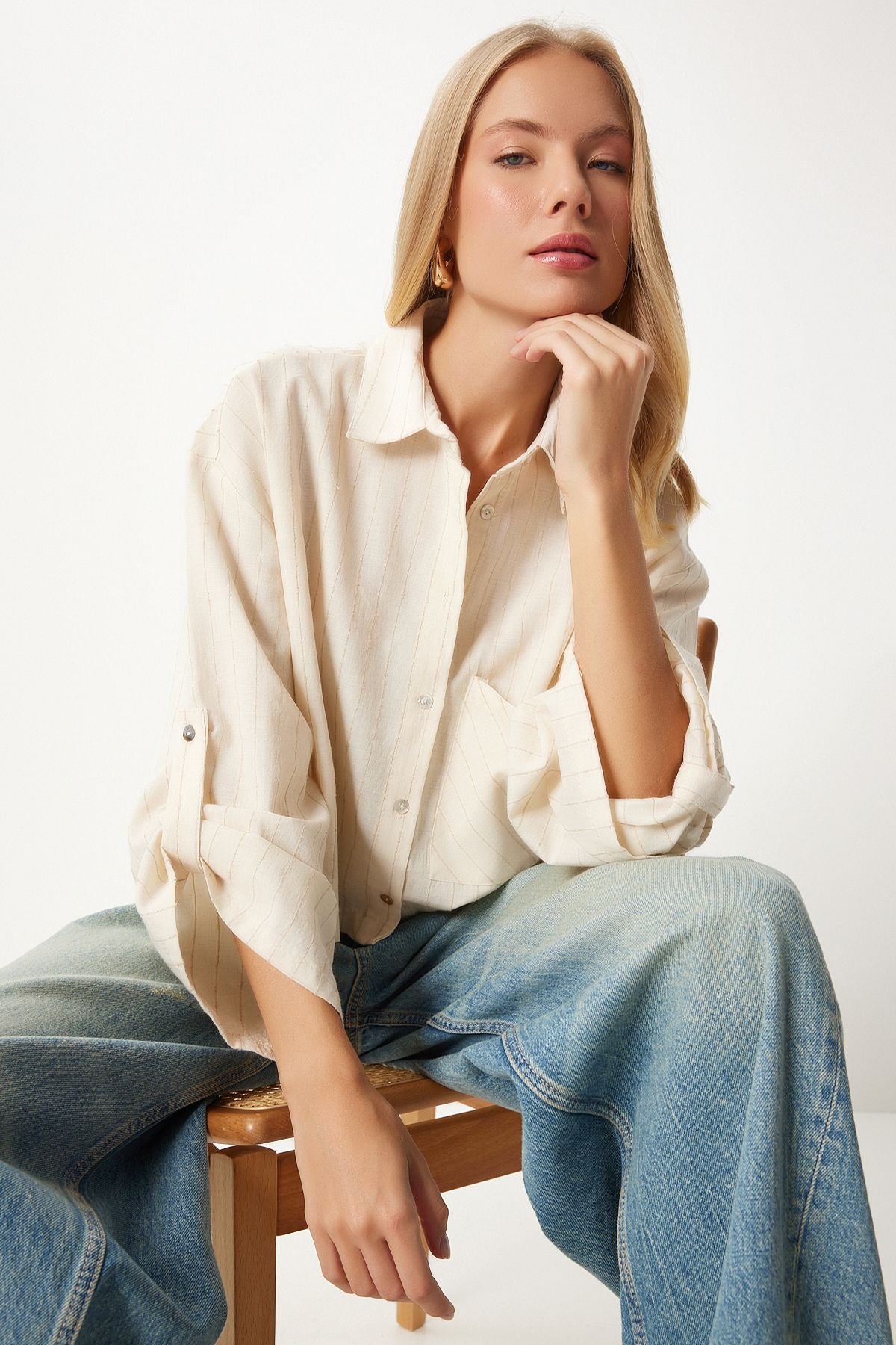 Women's Cream Fine striped Crop ogin shirt DM00140