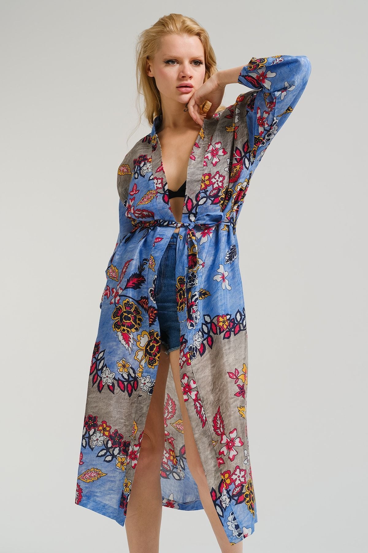 Women's Blue Patterned Long Kimono Arm-221120