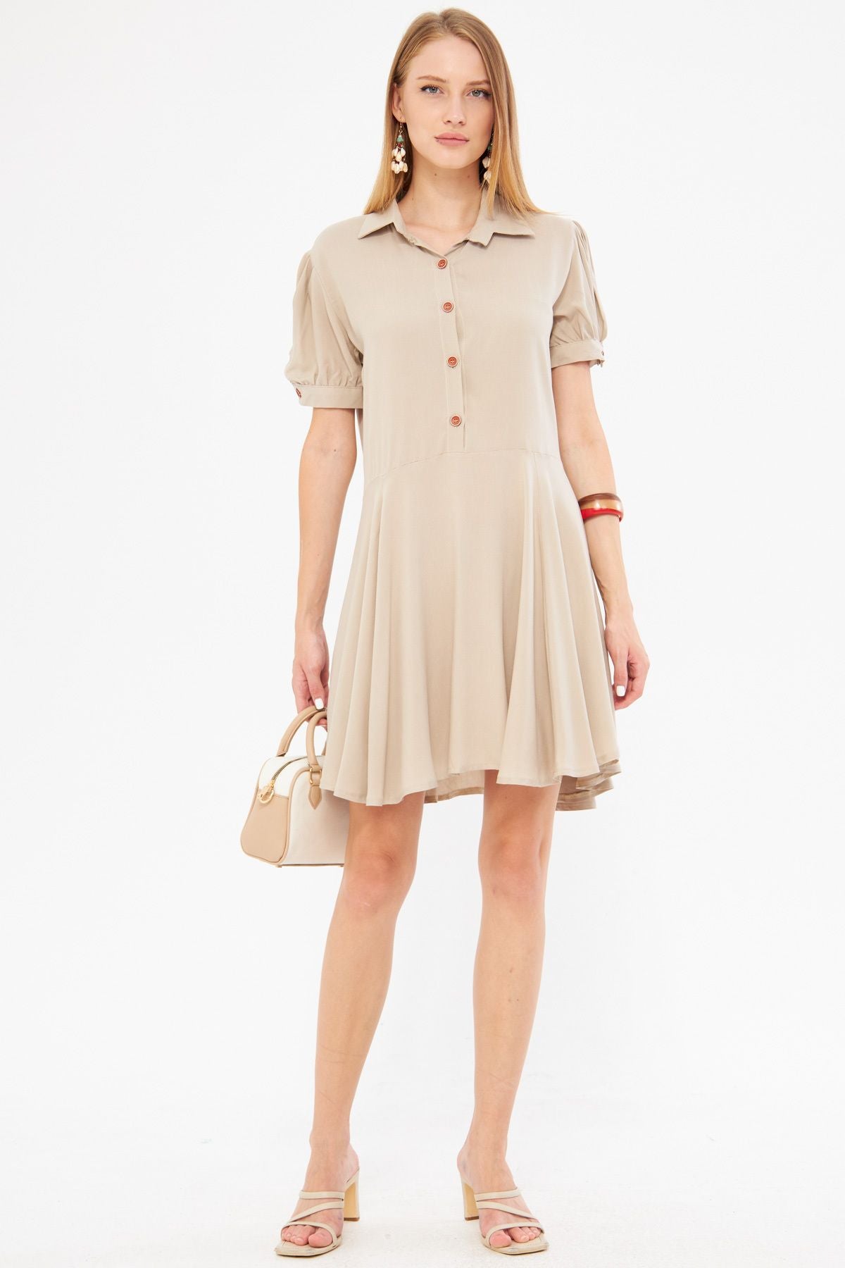 Female beige shirt collar handle slits detailed closh watermelon sleeve dress ARM-24Y001083