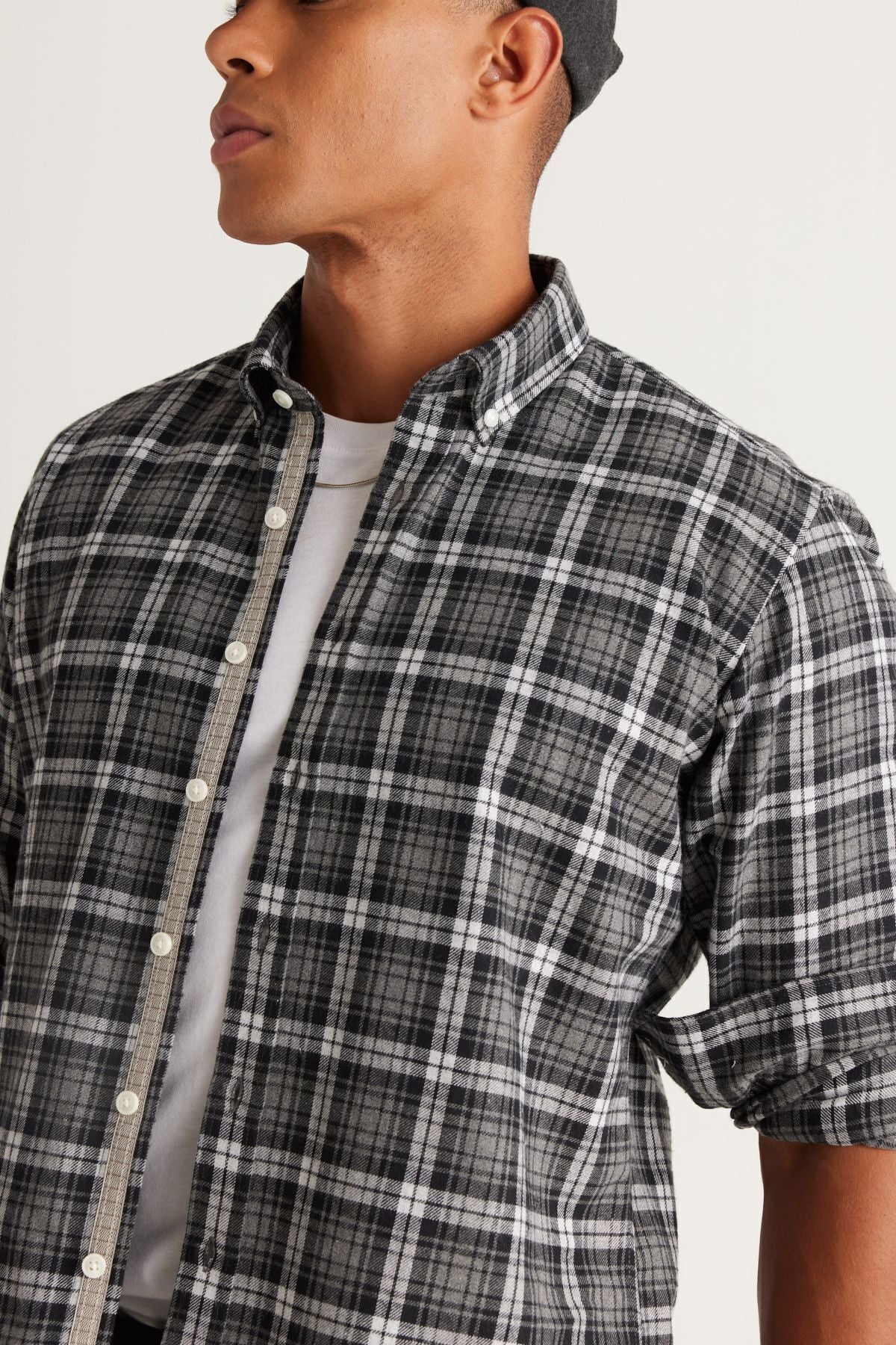 Men's anthracit-gray comfort fit comfortable cut buttoned collar cotton checkered shirt