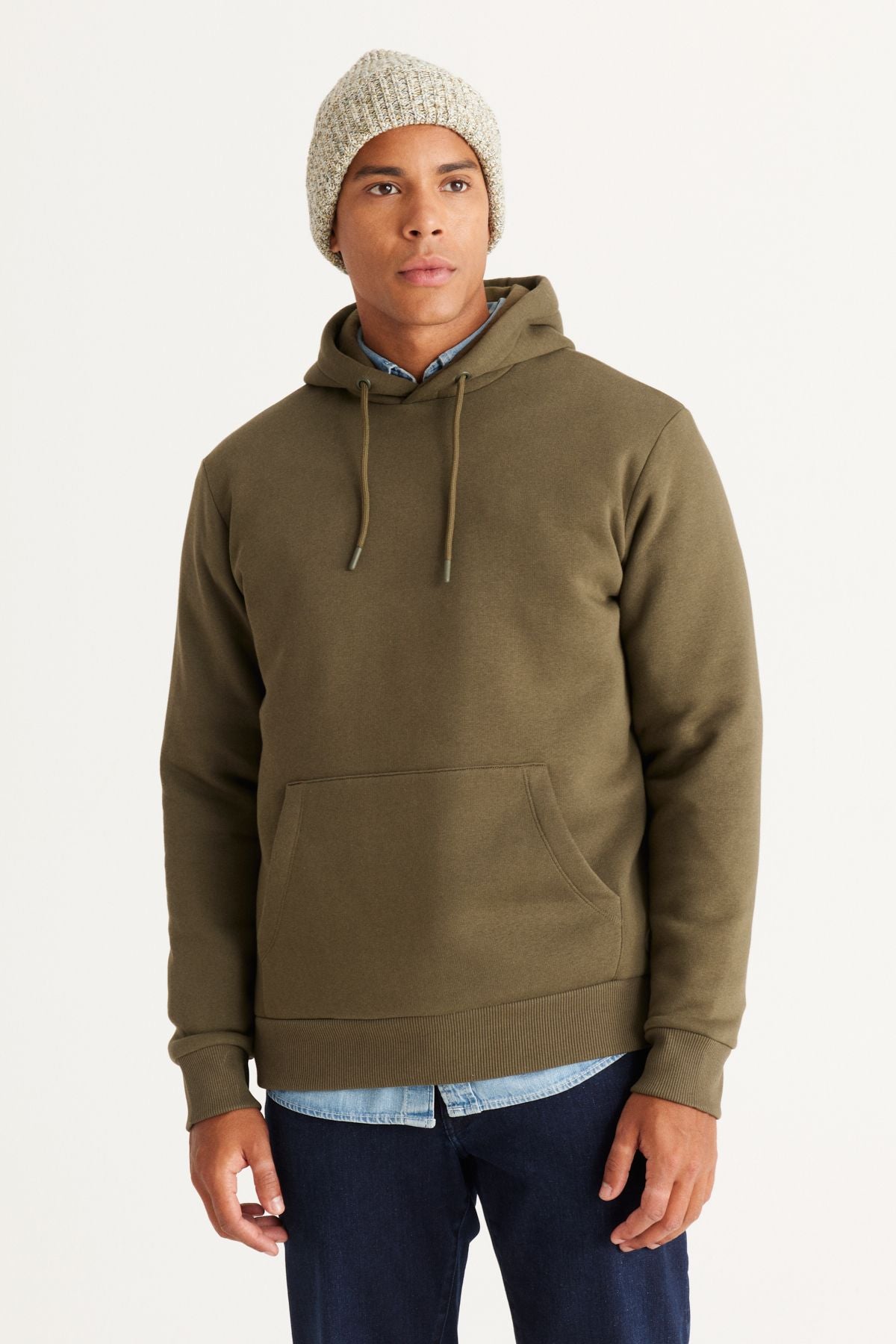 Men's Beige-Haki 2 Pack Cotton Sweatshirt Hooded Kangaroo Pocket Standard Fit Normal Cutting