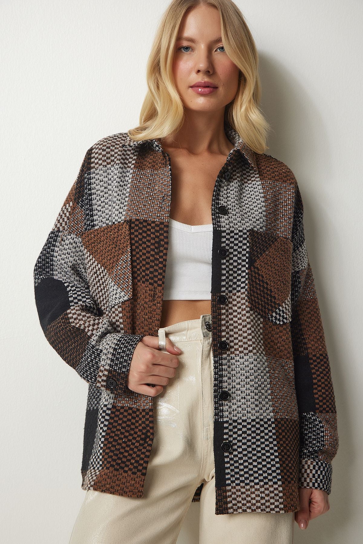Female brown ecru patterned over the stamp stamp wood shirt tu00034