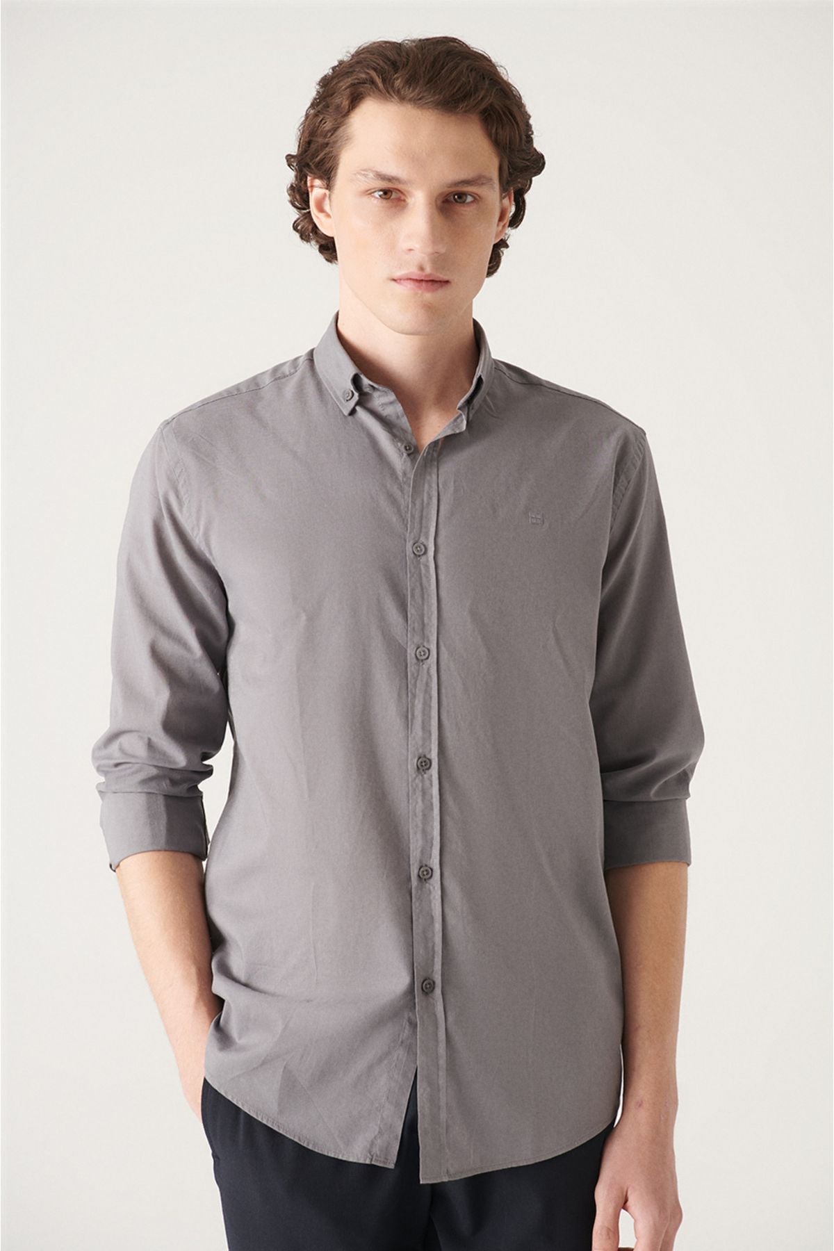 Men's Anthracite Shirt 100% Cotton Thin Soft Button Collar Long Sleeve Regular Fit E002206