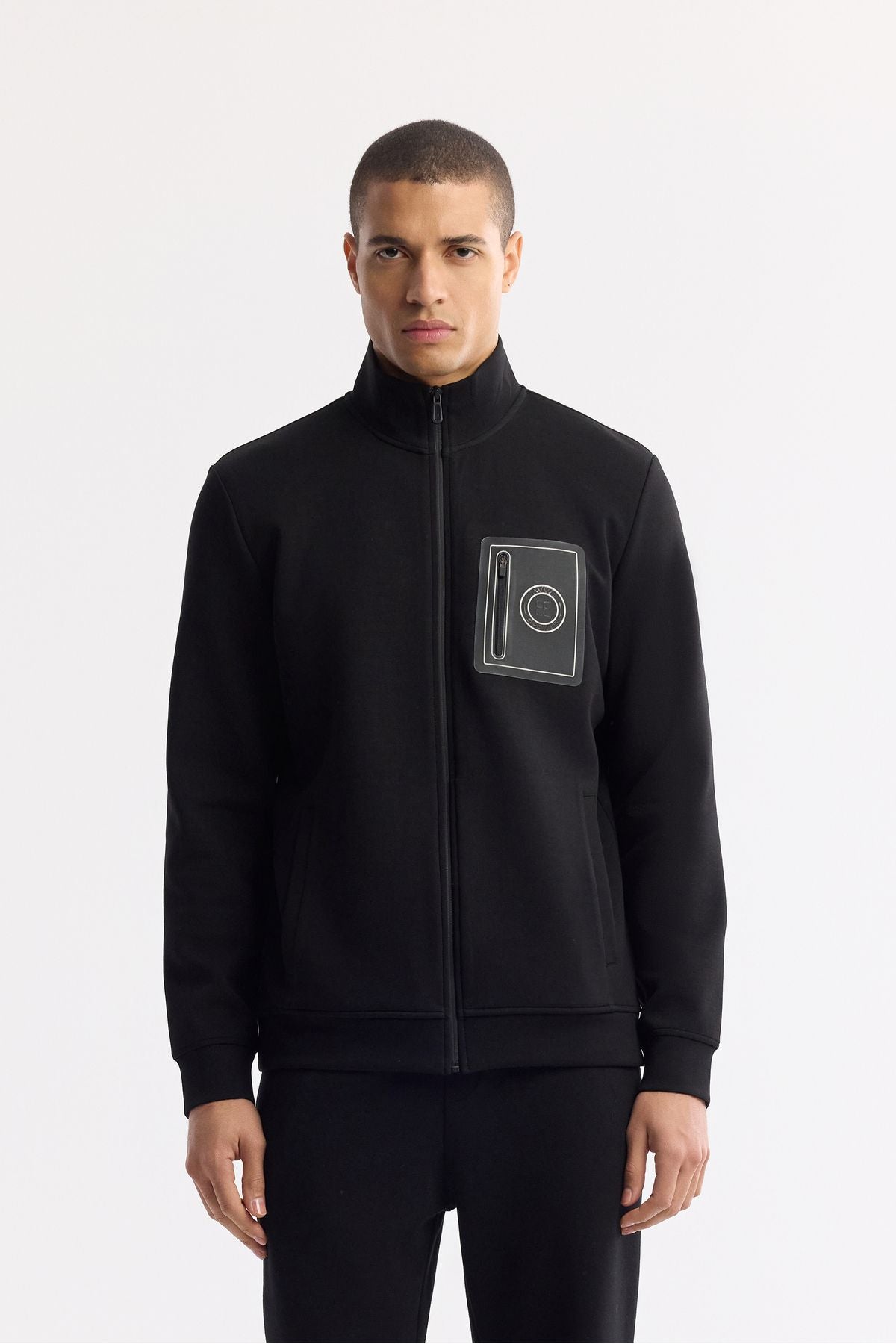 Men's black upright collar injection printed zipper interlok sweatshirt cardigan A51y1219