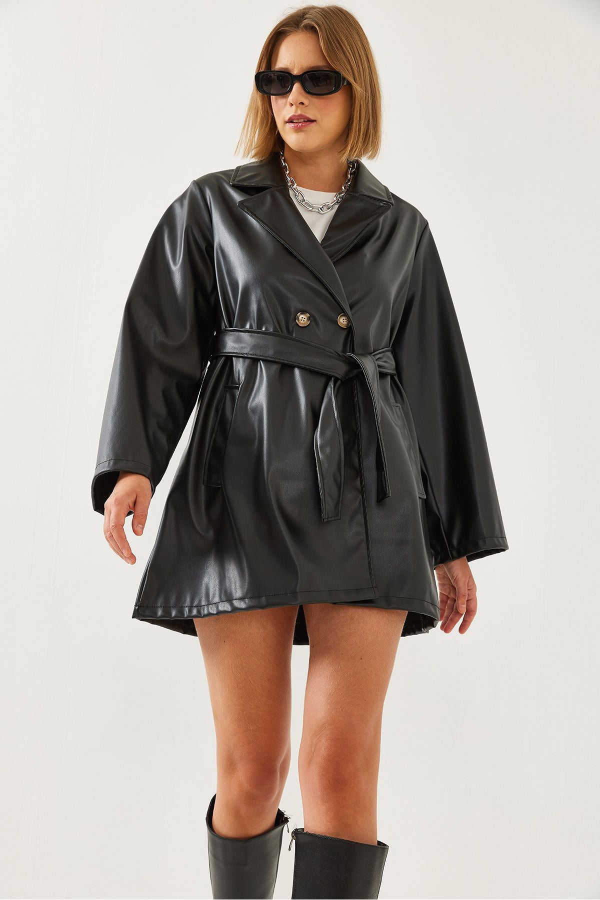 Female Leather Skin Beded Trench Coat 60351179