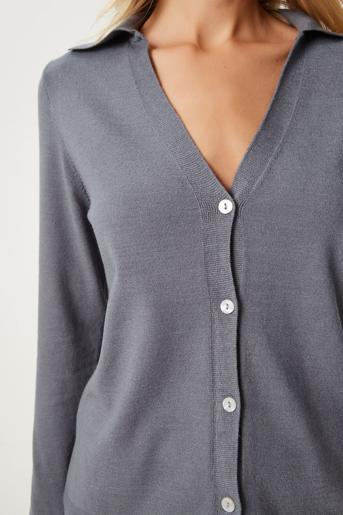 Women's Gray Polo Yaka Seasonal Triko Cardigan FN03301