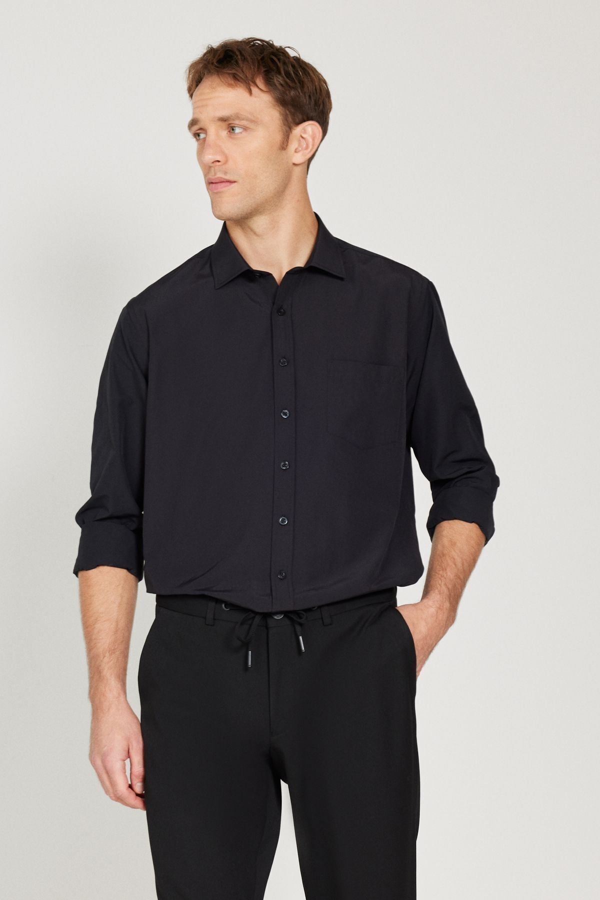Men's Black Easy ironable Non-Iron Comfort Fit Wide Classic Classic Neck Shirt