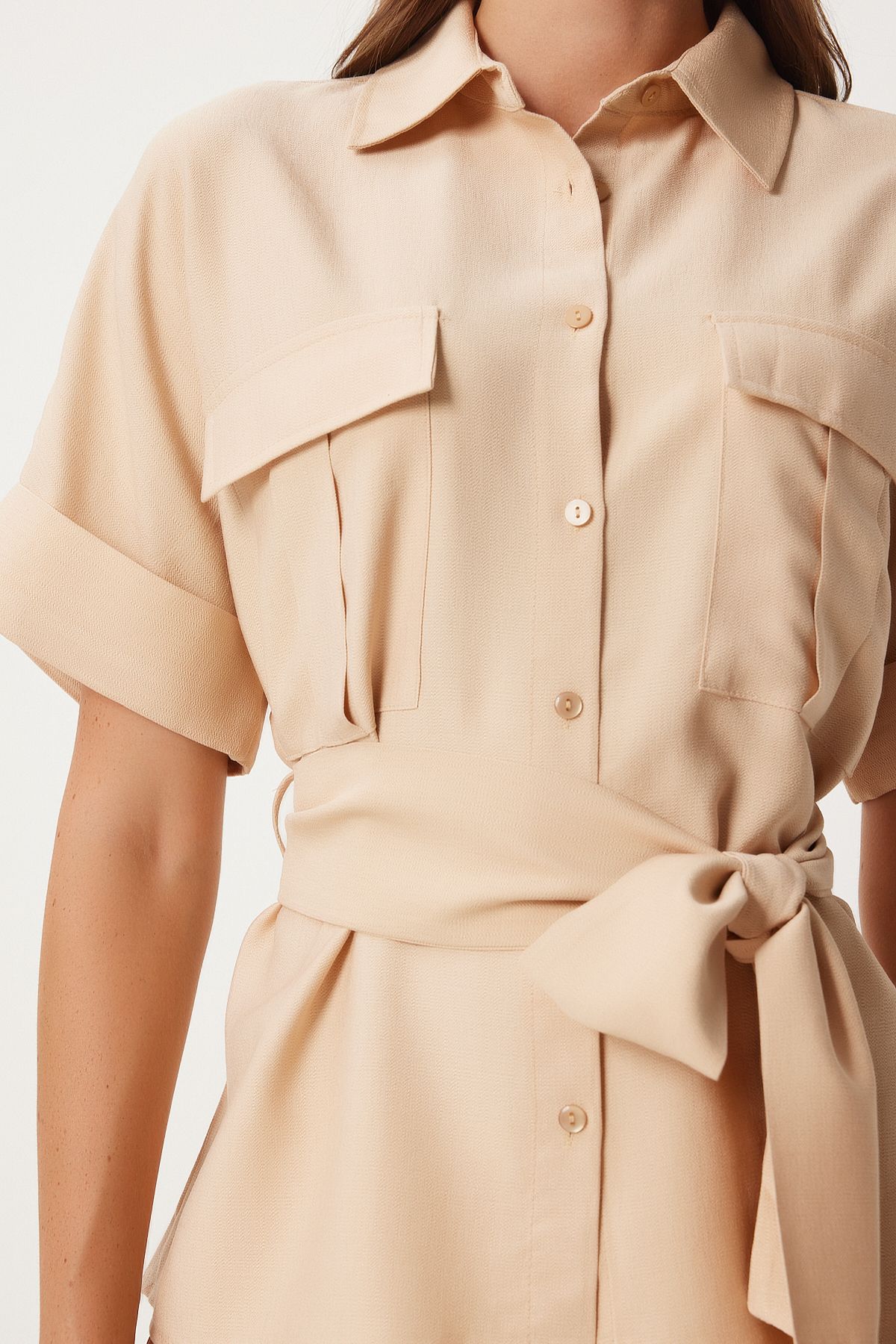 Female beige belt shirt pants weaving set FN03276