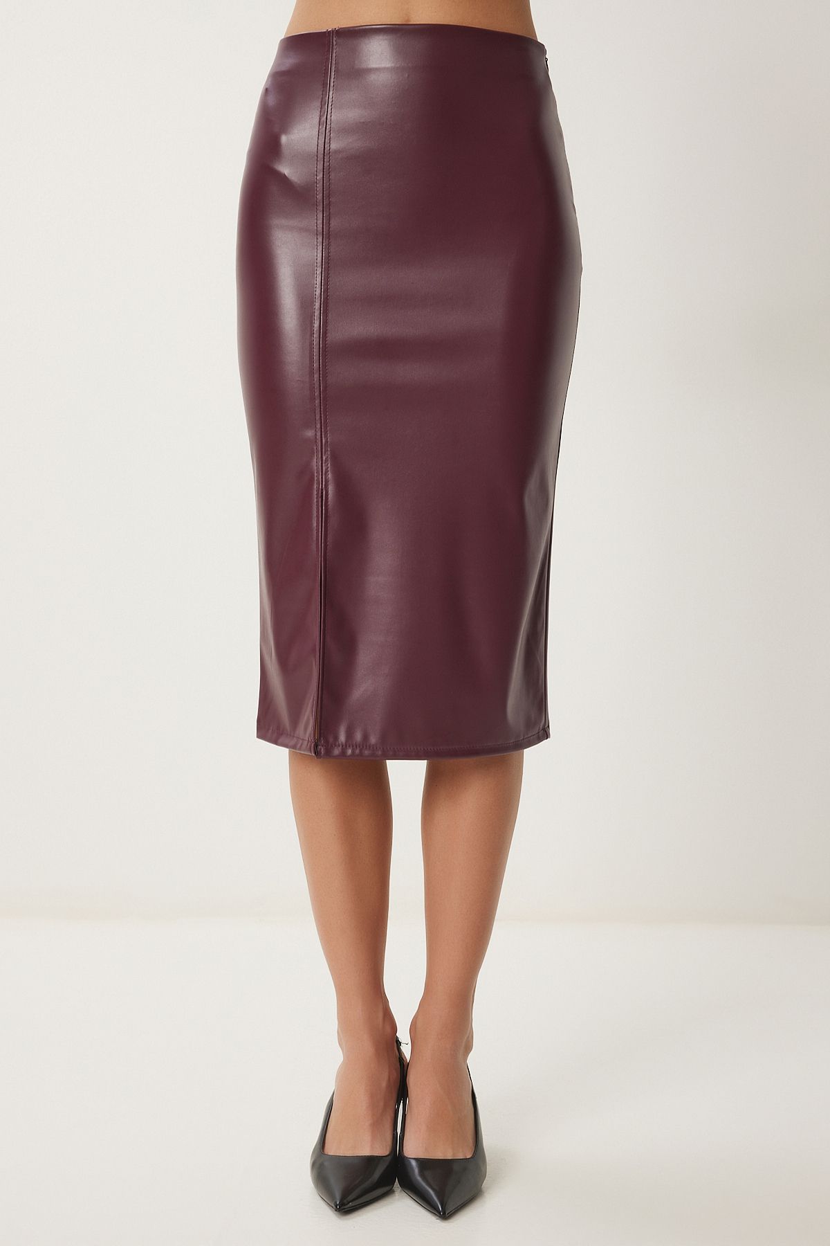 Female Bordeaux Slit Artificial Leather Pencil Skirt GP00015
