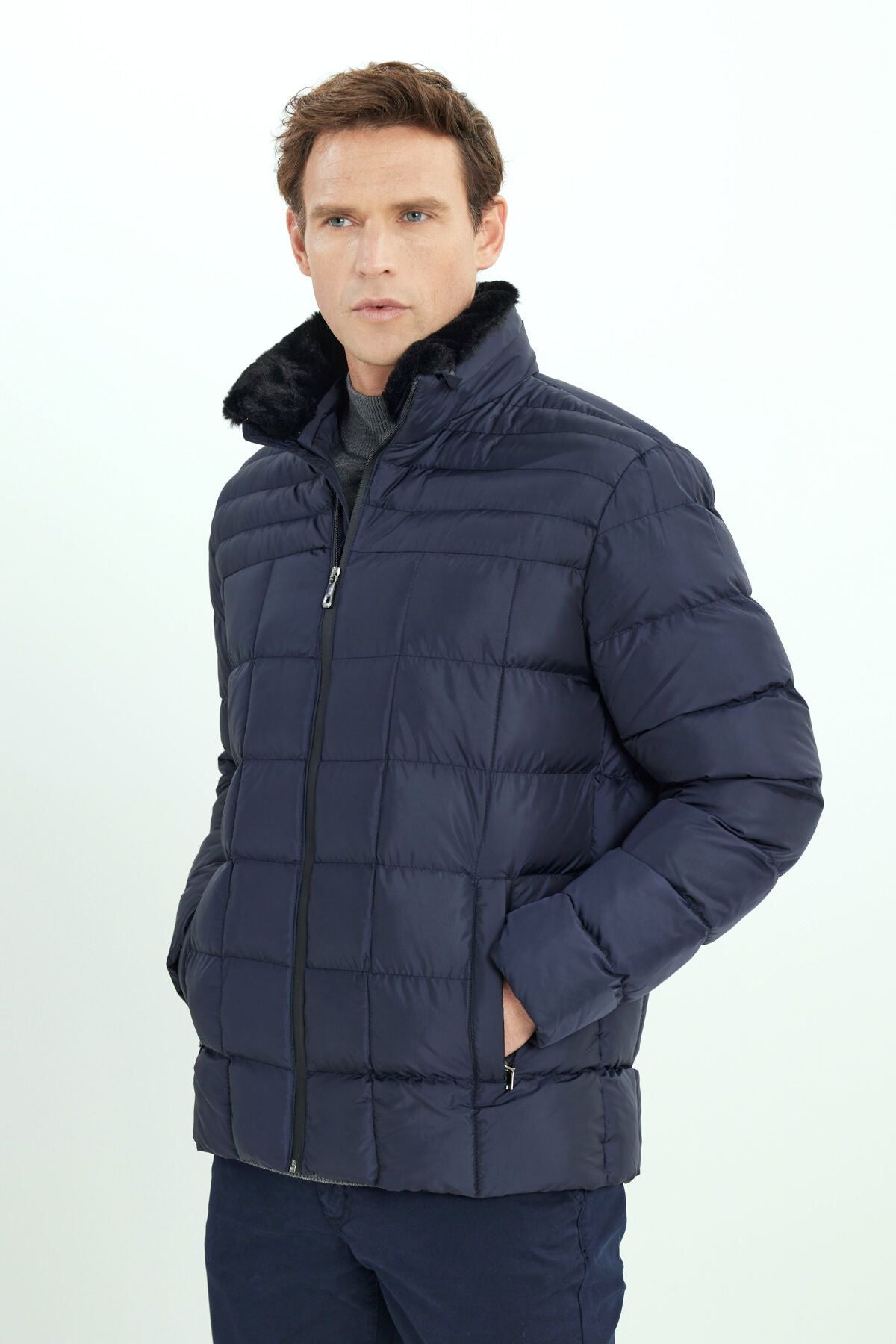 Men's navy blue hot fibers filling standard fit normal cut upright collar side pocket swelling coat