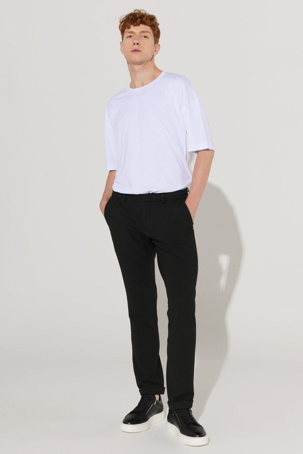Men's black slim fit narrow -cut waffle patterned flexible waist tied trousers