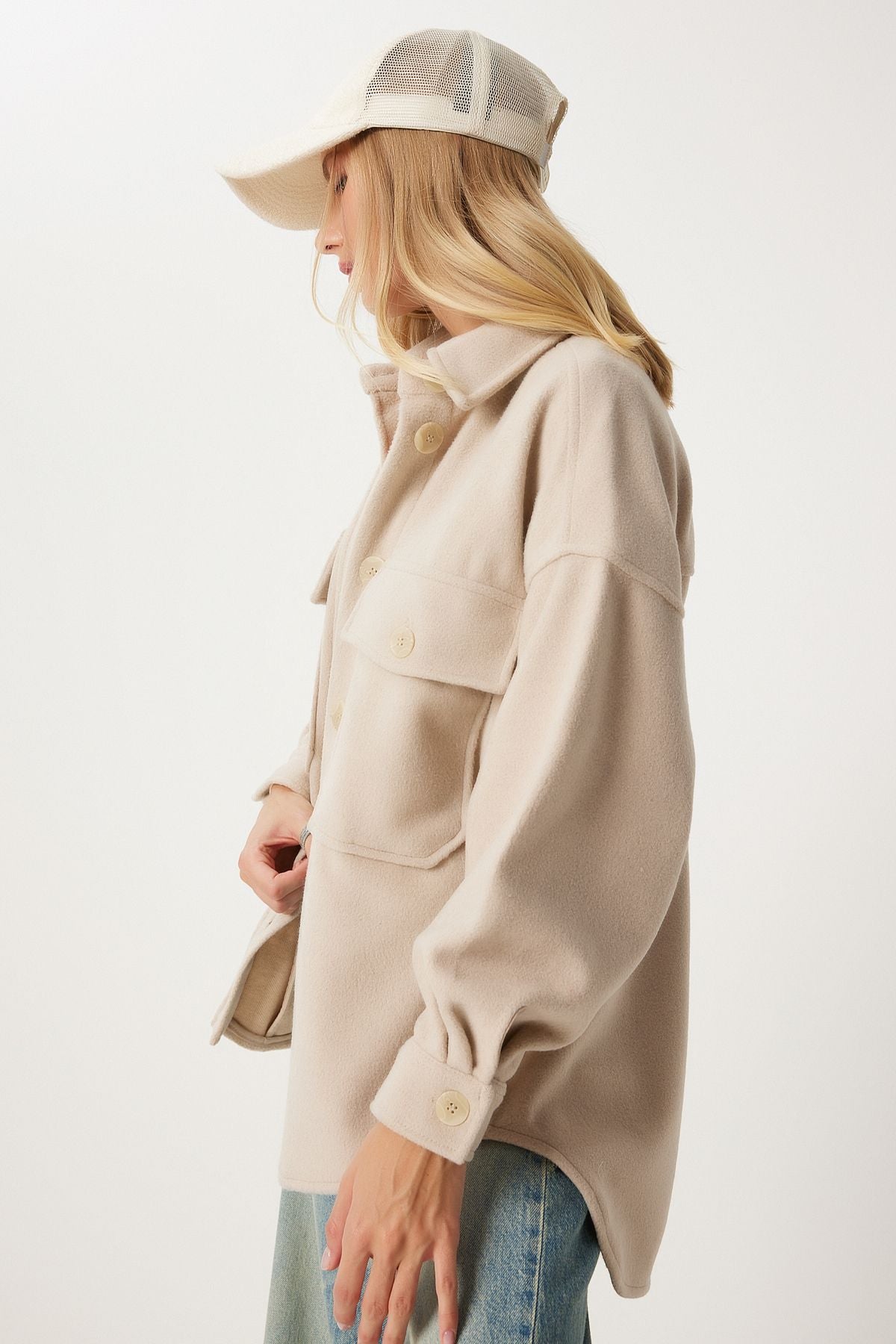 Female beige pocket stamp shirt jacket nv00071