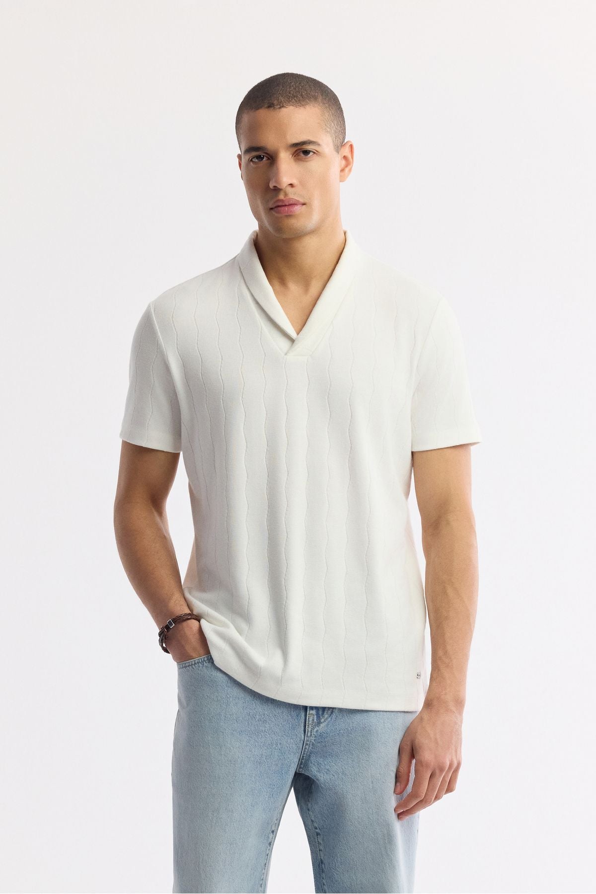 Men's Ecru Shawl Yaka striped jacquard t-shirt A51y1071